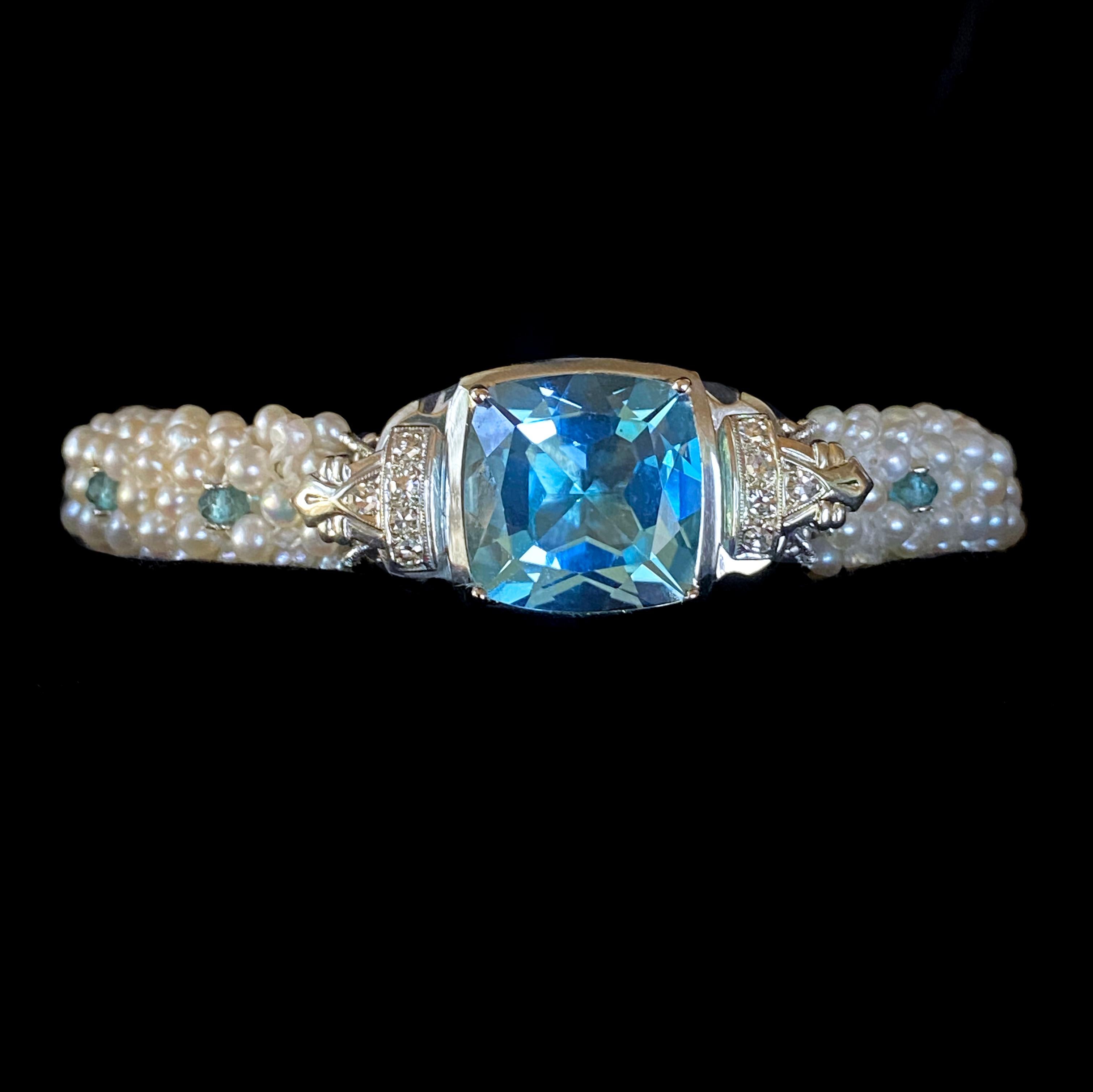 Marina J. 18k White Gold, Diamond, Pearl & London Blue Topaz Bracelet In New Condition For Sale In Los Angeles, CA