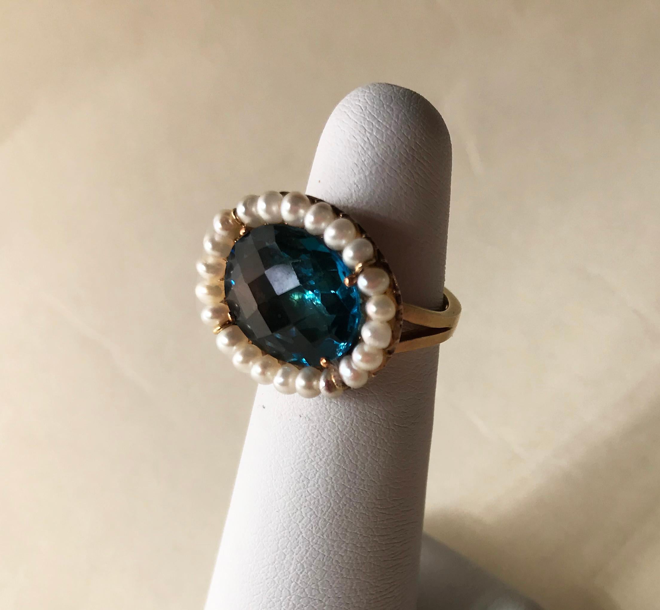 Cushion Cut Marina J. 18 Karat Yellow Gold with London Blue Topaz Stone and Pearls Ring