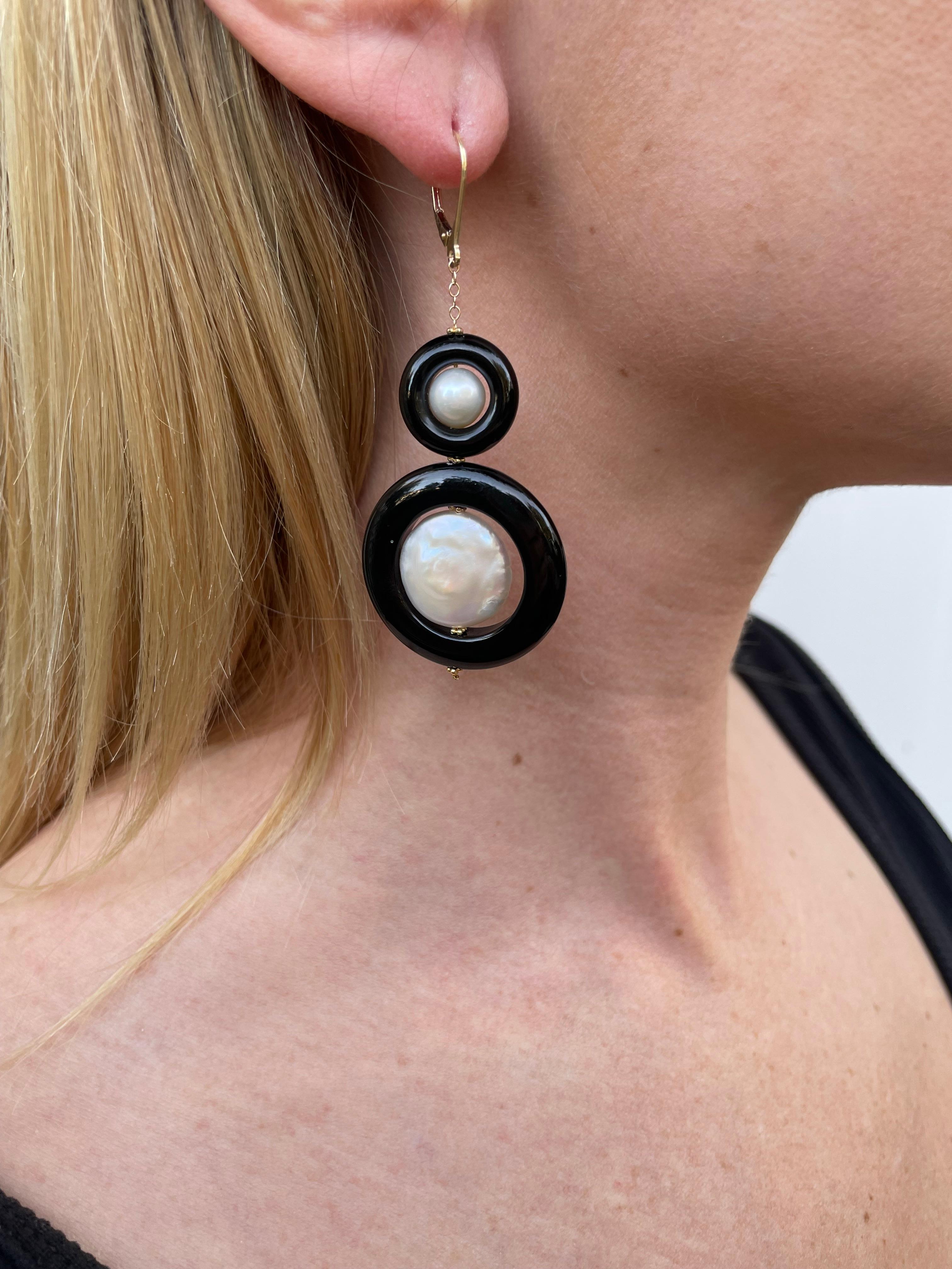 Artisan Marina J. 2 Tier Pearl, Black Onyx and Solid 14k Yellow Gold Earrings  For Sale