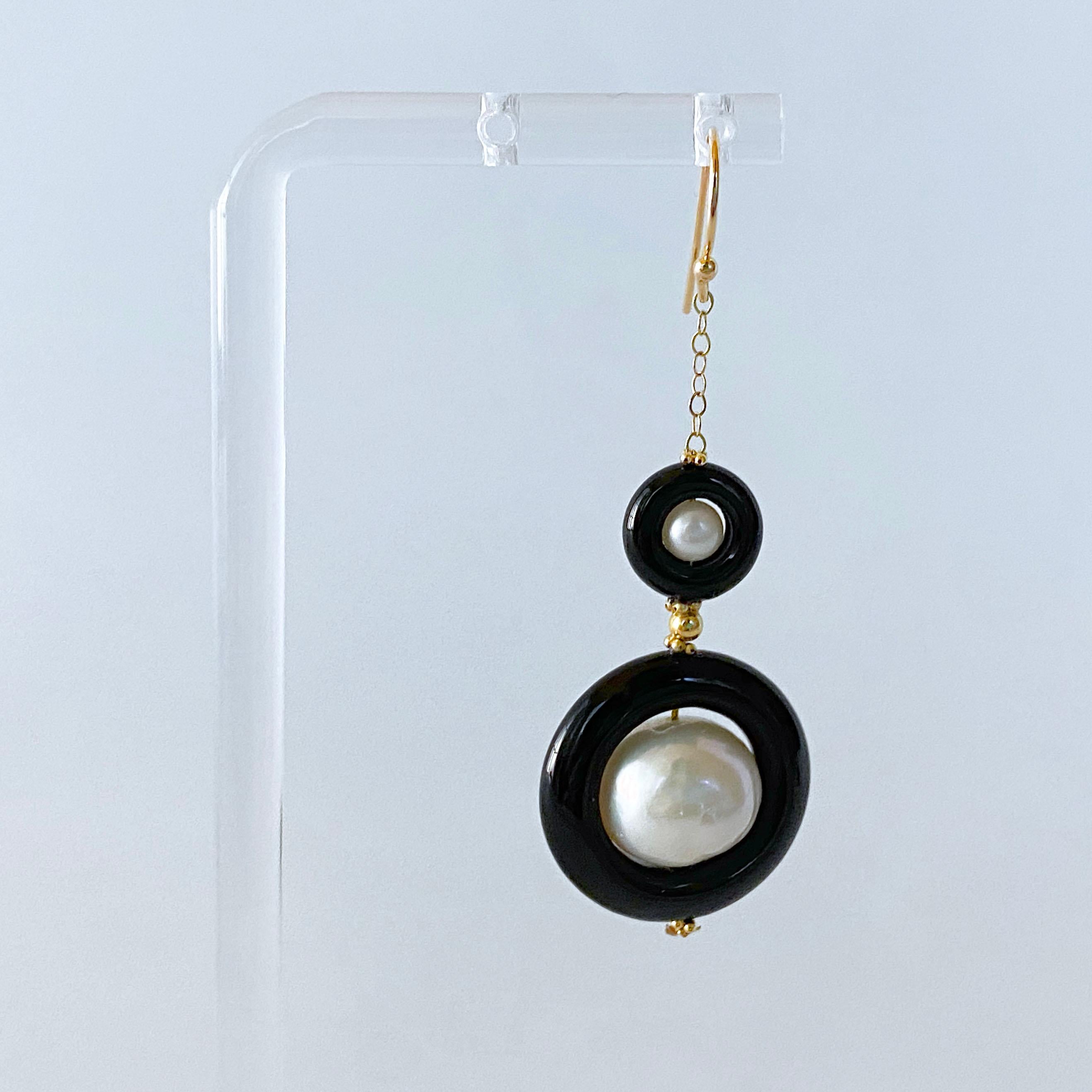 Bead Marina J. 2 Tier Pearl, Black Onyx and Solid 14k Yellow Gold Earrings  For Sale