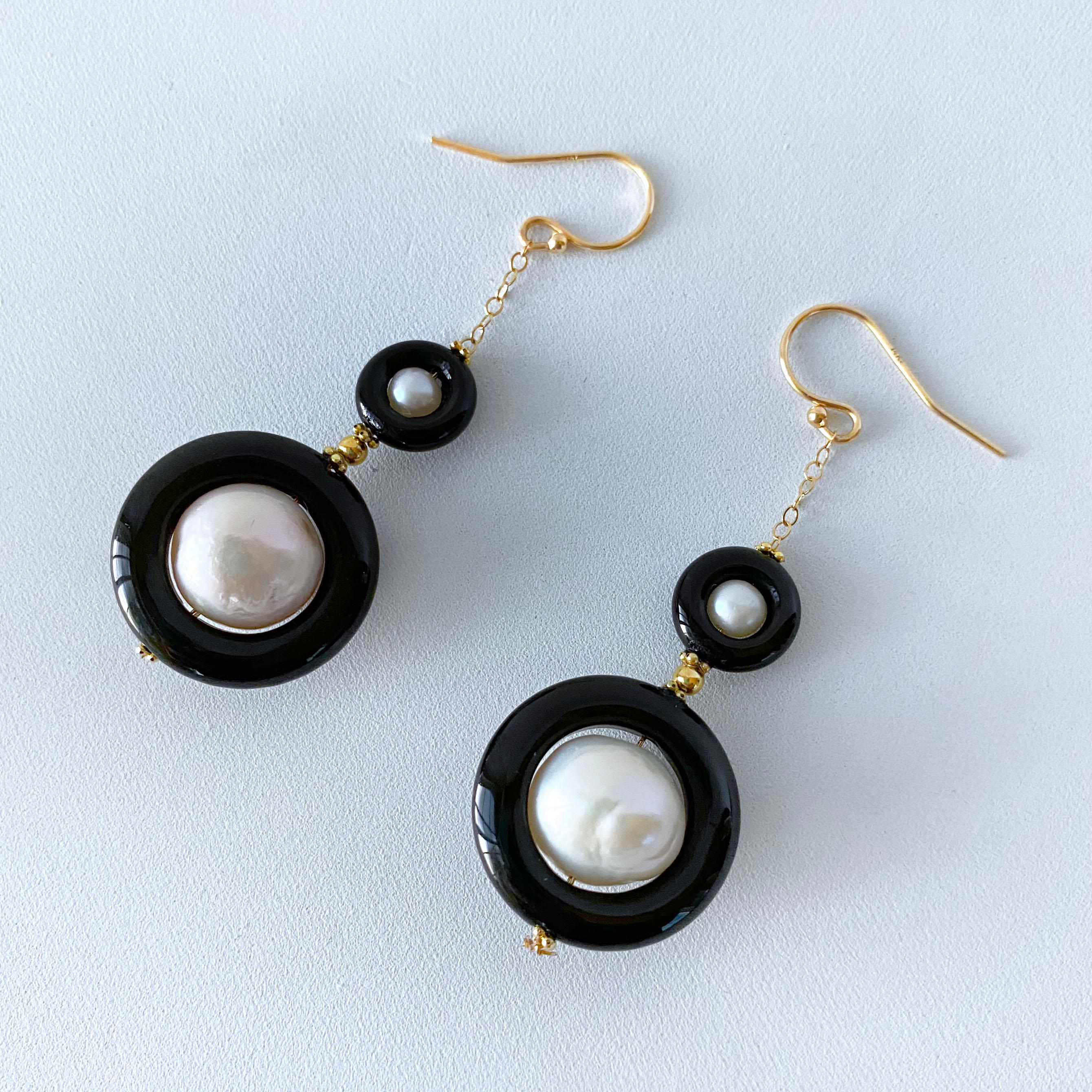 Marina J. 2 Tier Pearl, Black Onyx and Solid 14k Yellow Gold Earrings  In New Condition For Sale In Los Angeles, CA