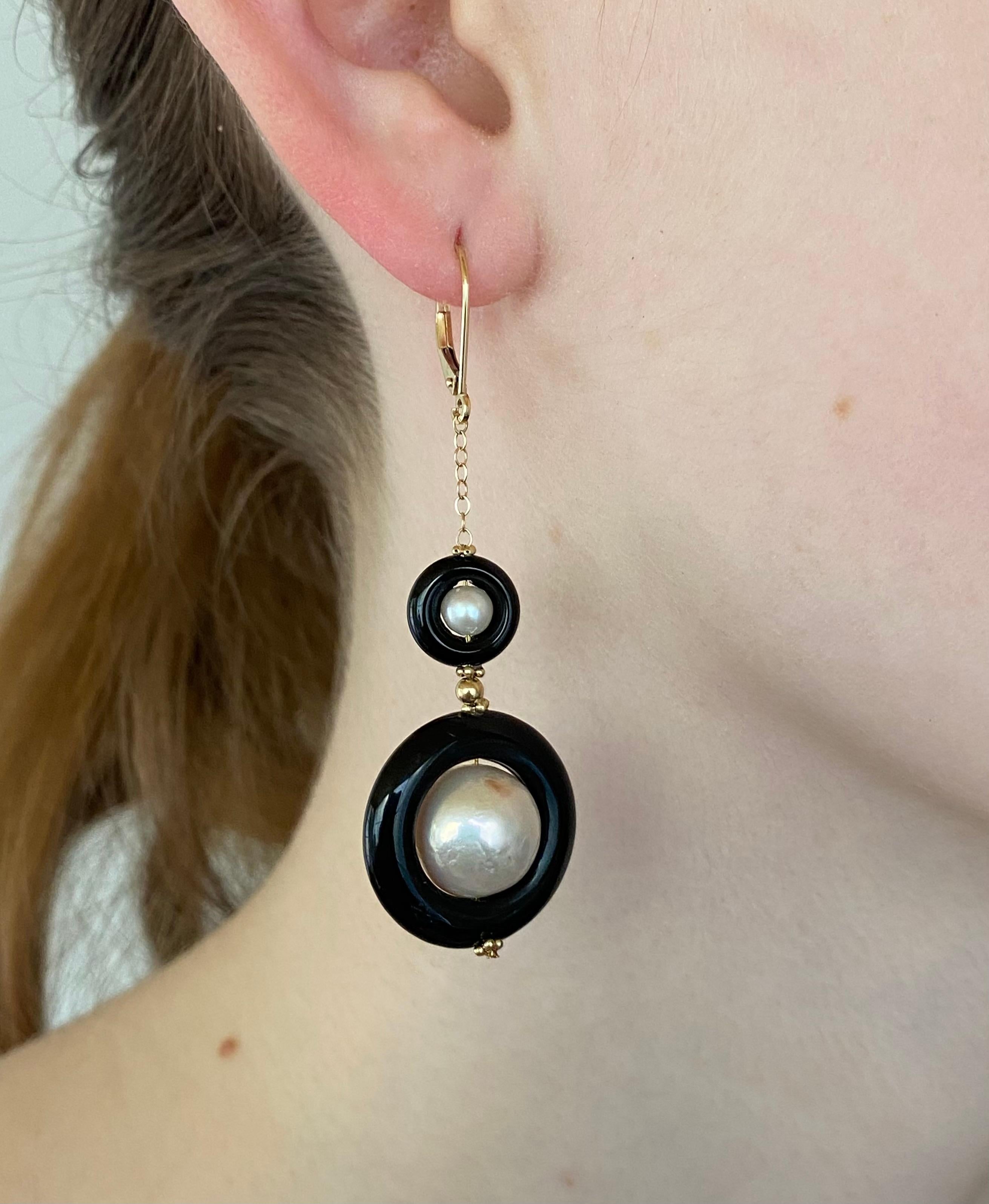 Women's or Men's Marina J. 2 Tier Pearl, Black Onyx and Solid 14k Yellow Gold Earrings  For Sale