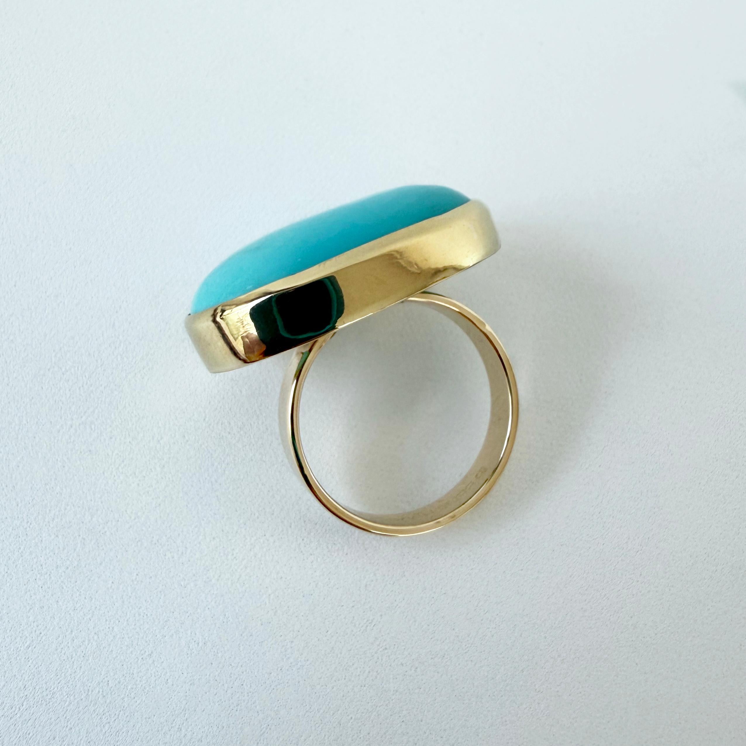 Artisan Marina J. 26 Carat Sleeping Beauty Turquoise Ring with Solid 14k Yellow Gold For Sale