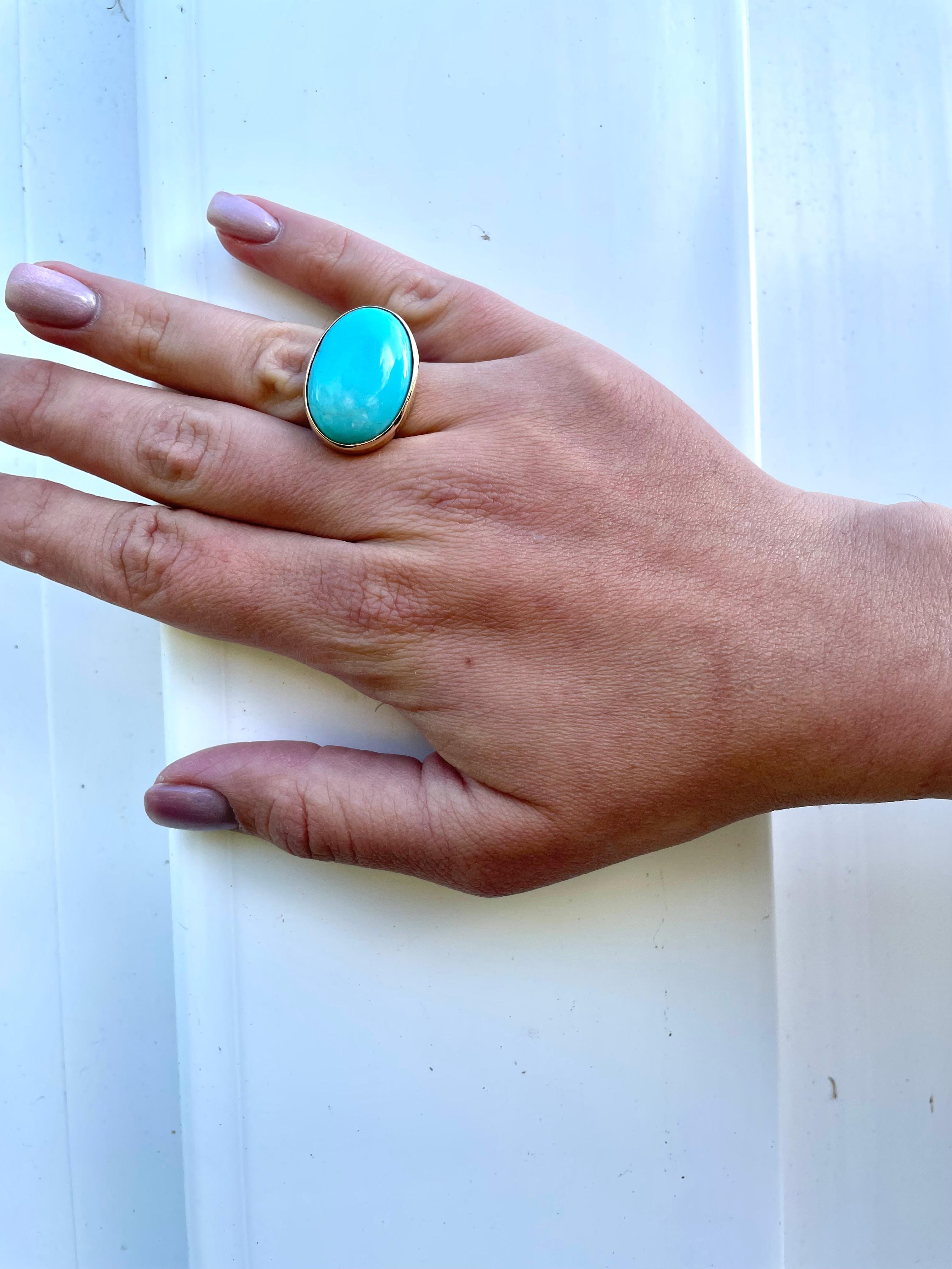 Cabochon Marina J. 26 Carat Sleeping Beauty Turquoise Ring with Solid 14k Yellow Gold For Sale