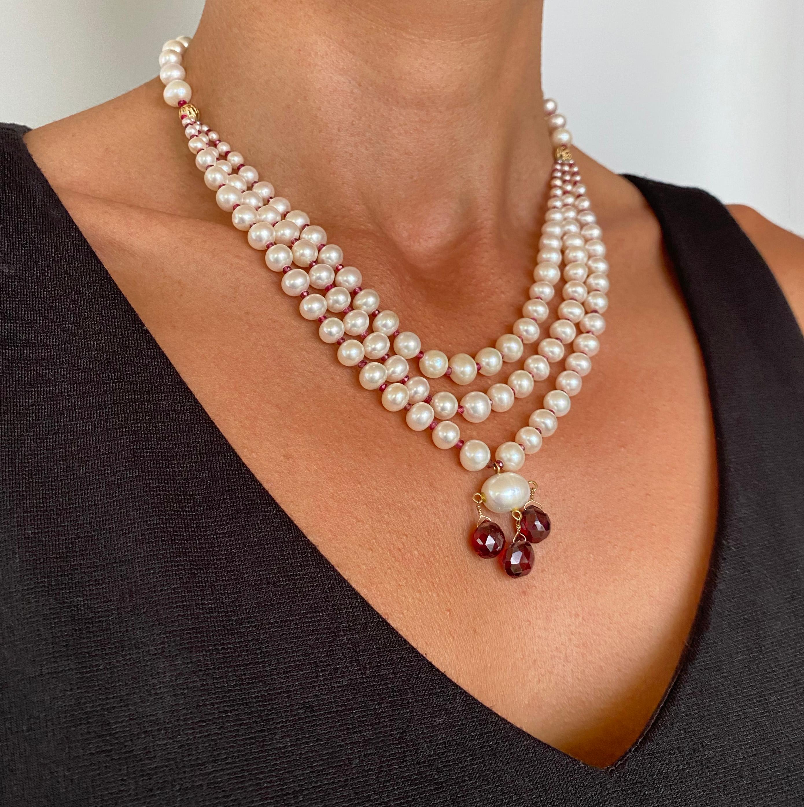 Marina J. 3 Strands of Graduated Pearl Necklace with Garnet & 14k Yellow Gold In New Condition In Los Angeles, CA