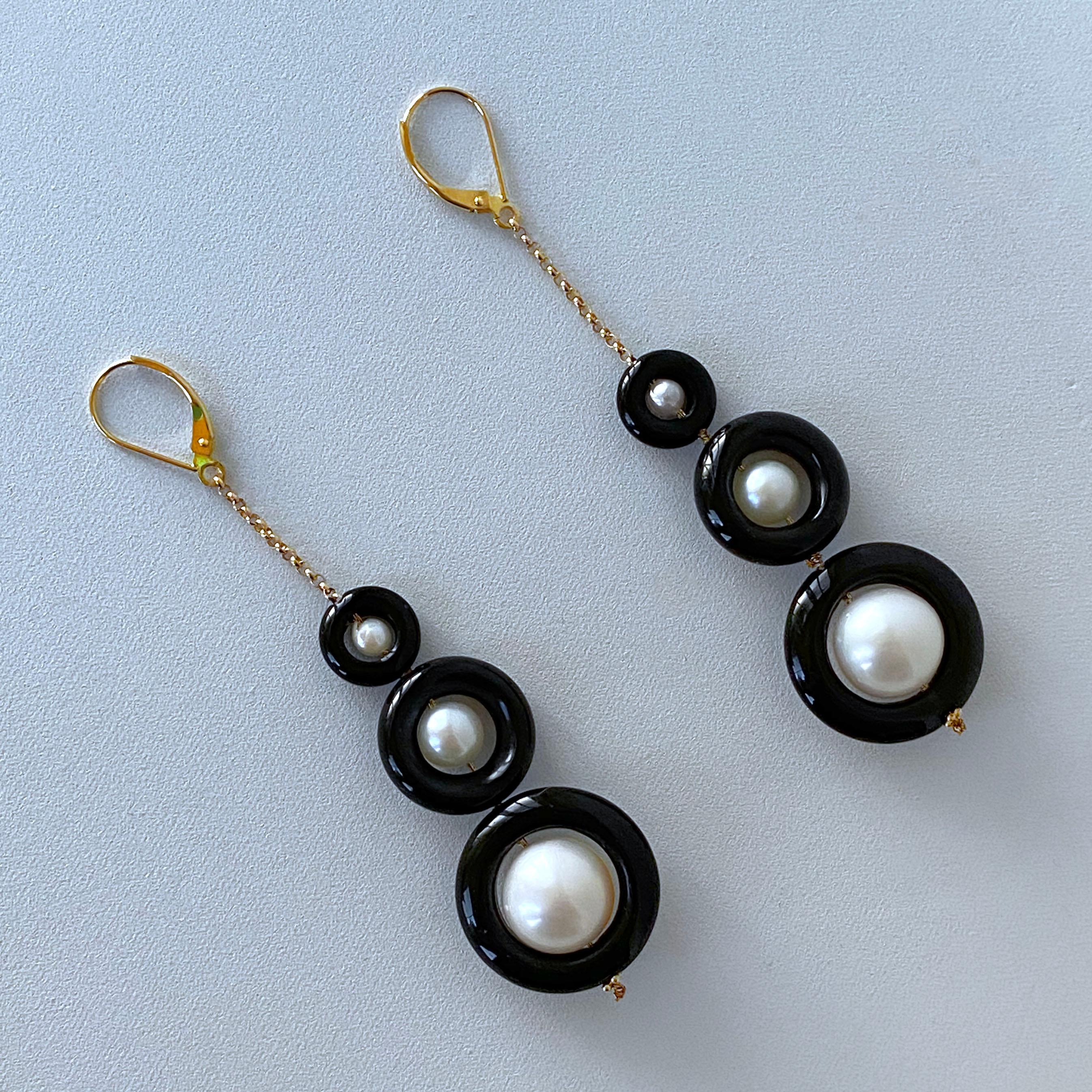 Artisan Marina J. 3 Tier Pearl, Black Onyx & Solid 14k Yellow Gold Graduated Earrings For Sale