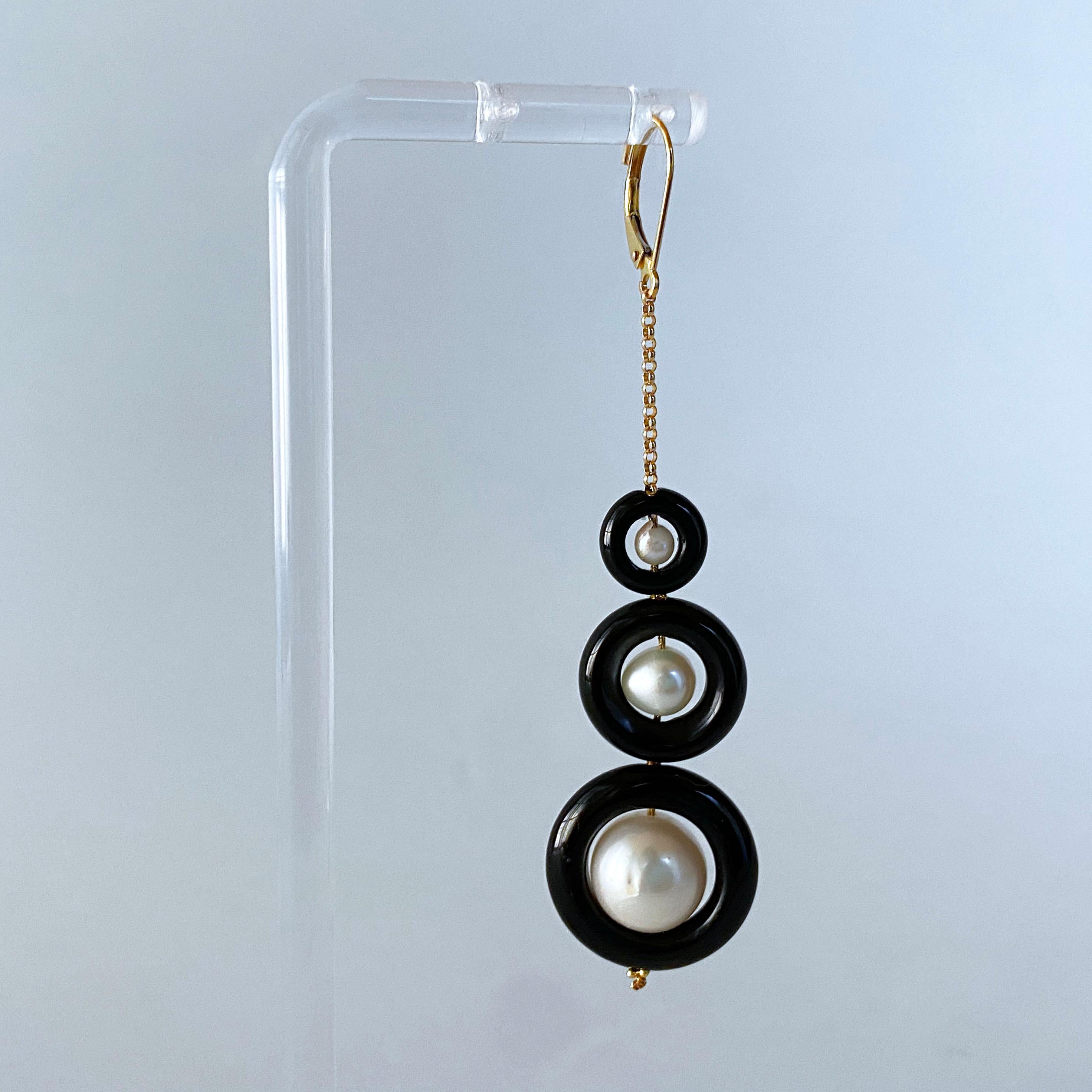 Bead Marina J. 3 Tier Pearl, Black Onyx & Solid 14k Yellow Gold Graduated Earrings For Sale