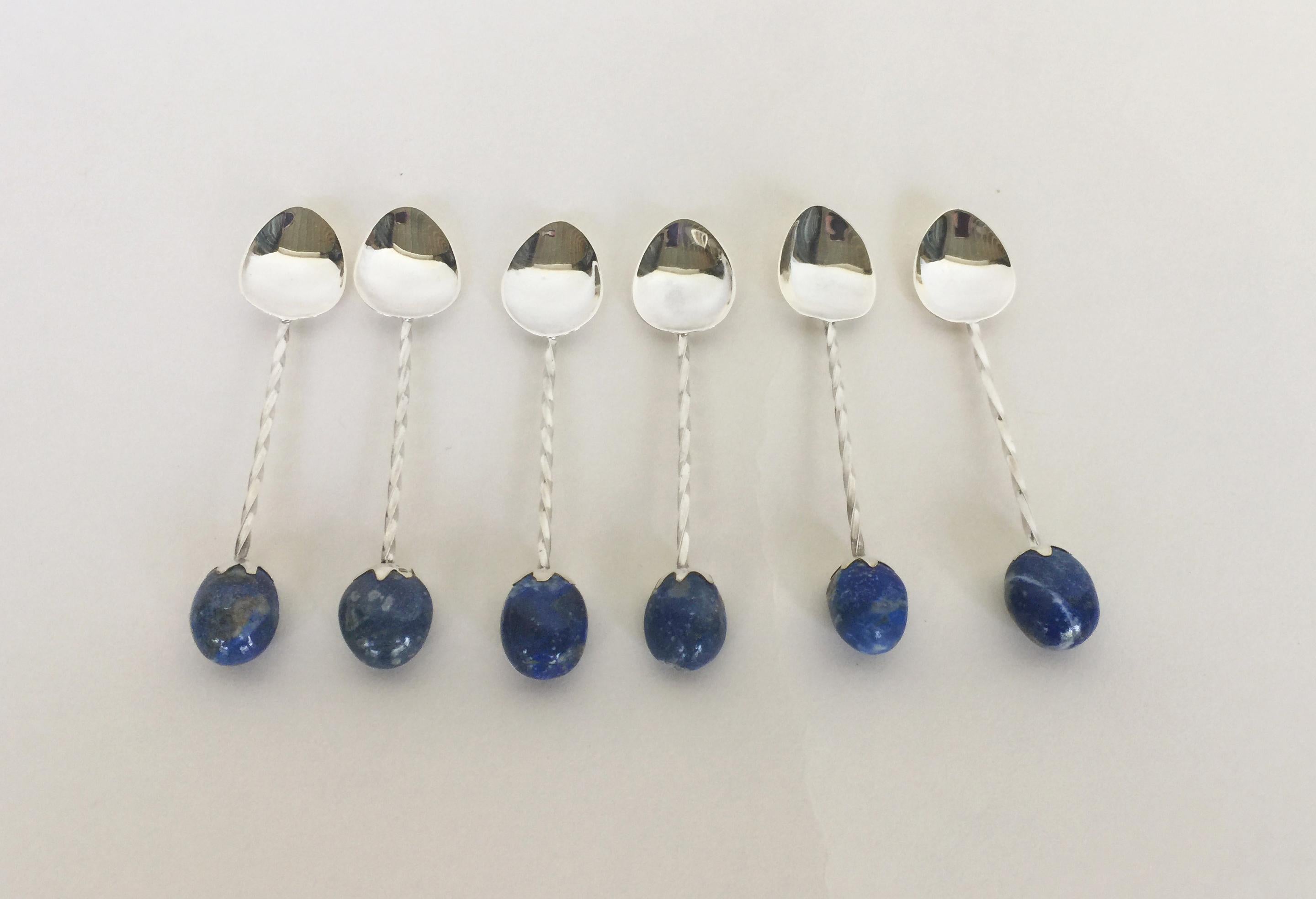 Artist Marina J 6 Rhodium Plated Sterling Silver Tea Spoon Set with Lapis Lazuli Stones For Sale