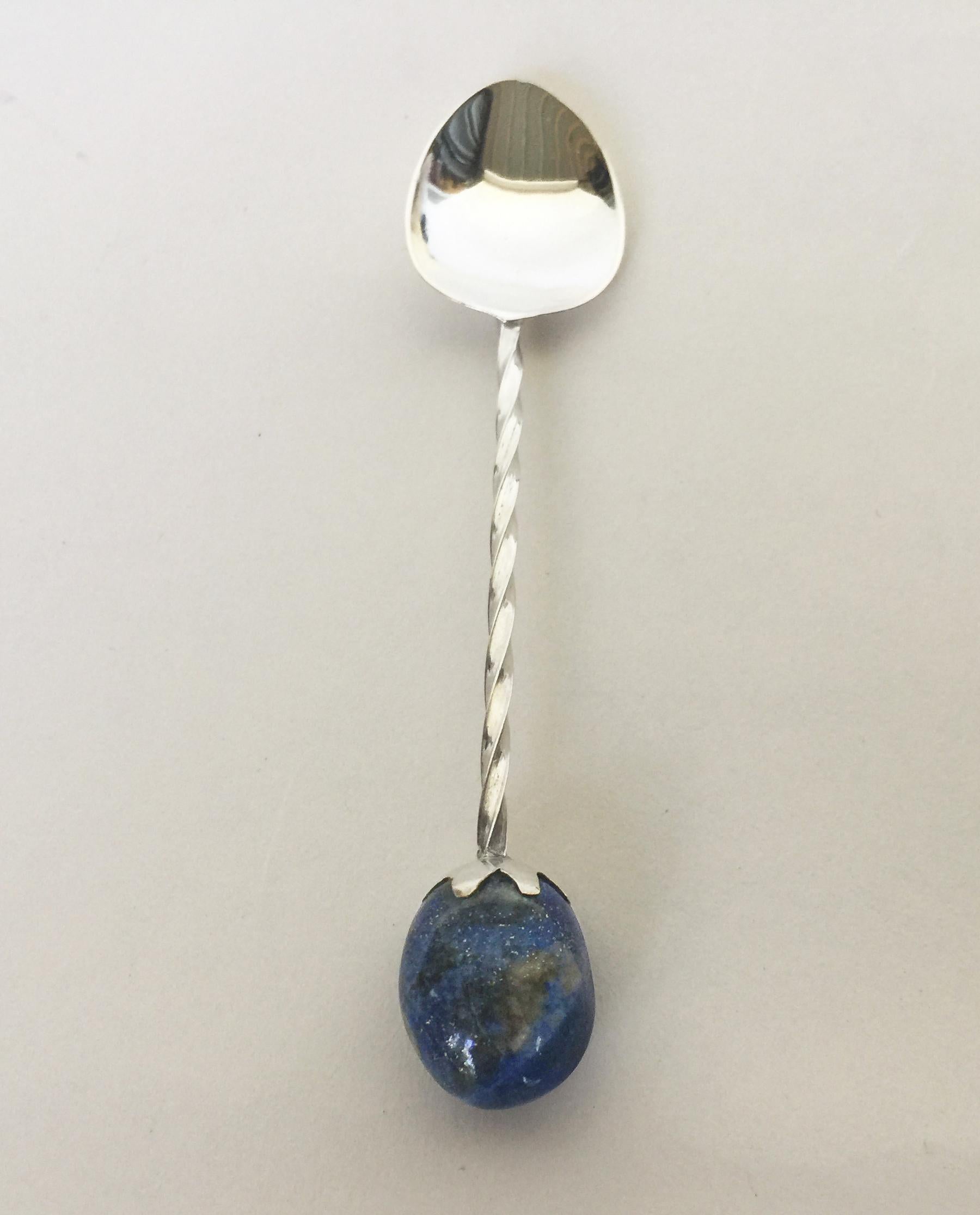 Bead Marina J 6 Rhodium Plated Sterling Silver Tea Spoon Set with Lapis Lazuli Stones For Sale