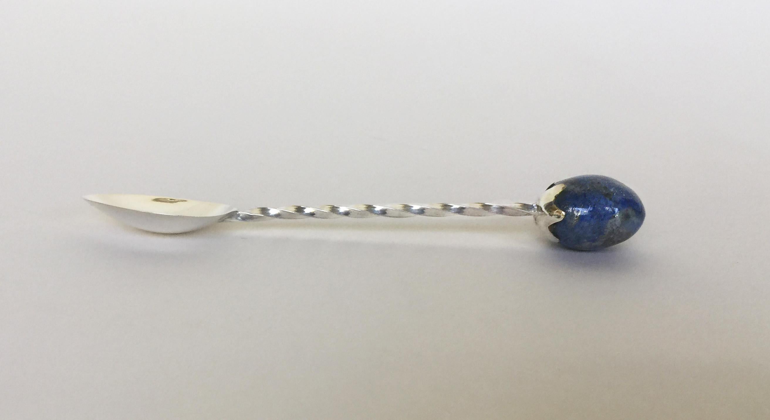 Marina J 6 Rhodium Plated Sterling Silver Tea Spoon Set with Lapis Lazuli Stones In Excellent Condition For Sale In Los Angeles, CA