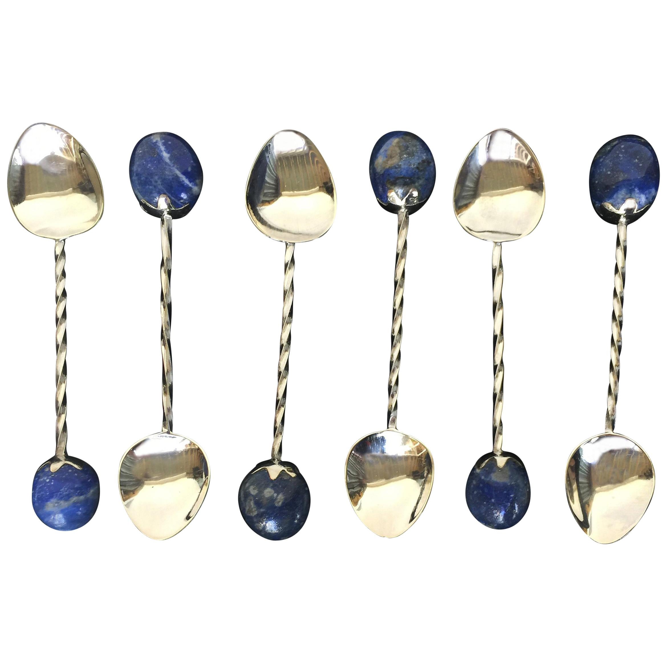 Marina J 6 Rhodium Plated Sterling Silver Tea Spoon Set with Lapis Lazuli Stones