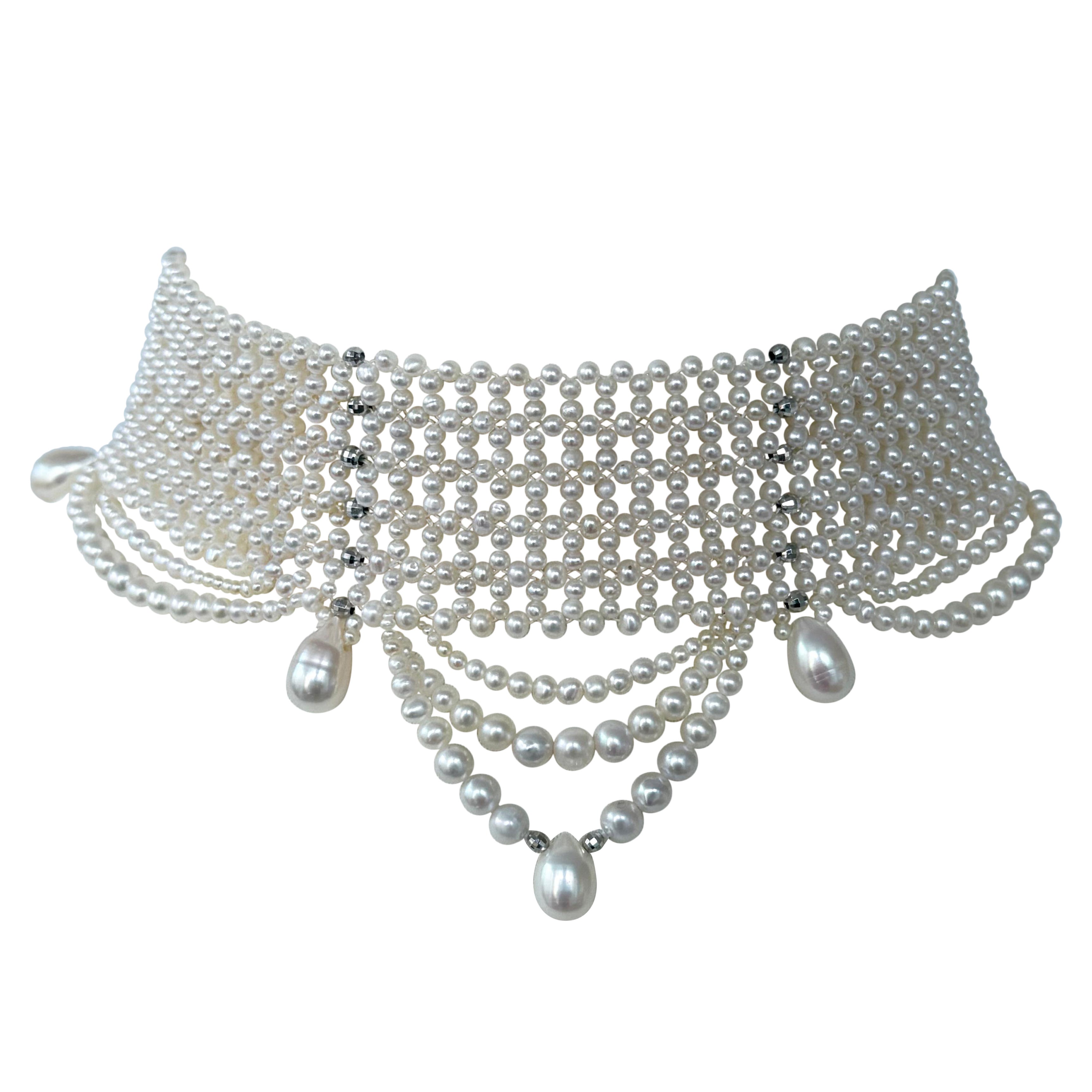 Marina J. Adjustable Draped Pearl Choker with Faceted Silver Beads For Sale