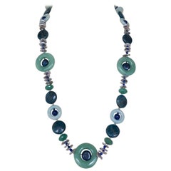 Marina J. Adventurine, Appatite, Amazenite, Lapis Lazuli & Grey Pearl Necklace