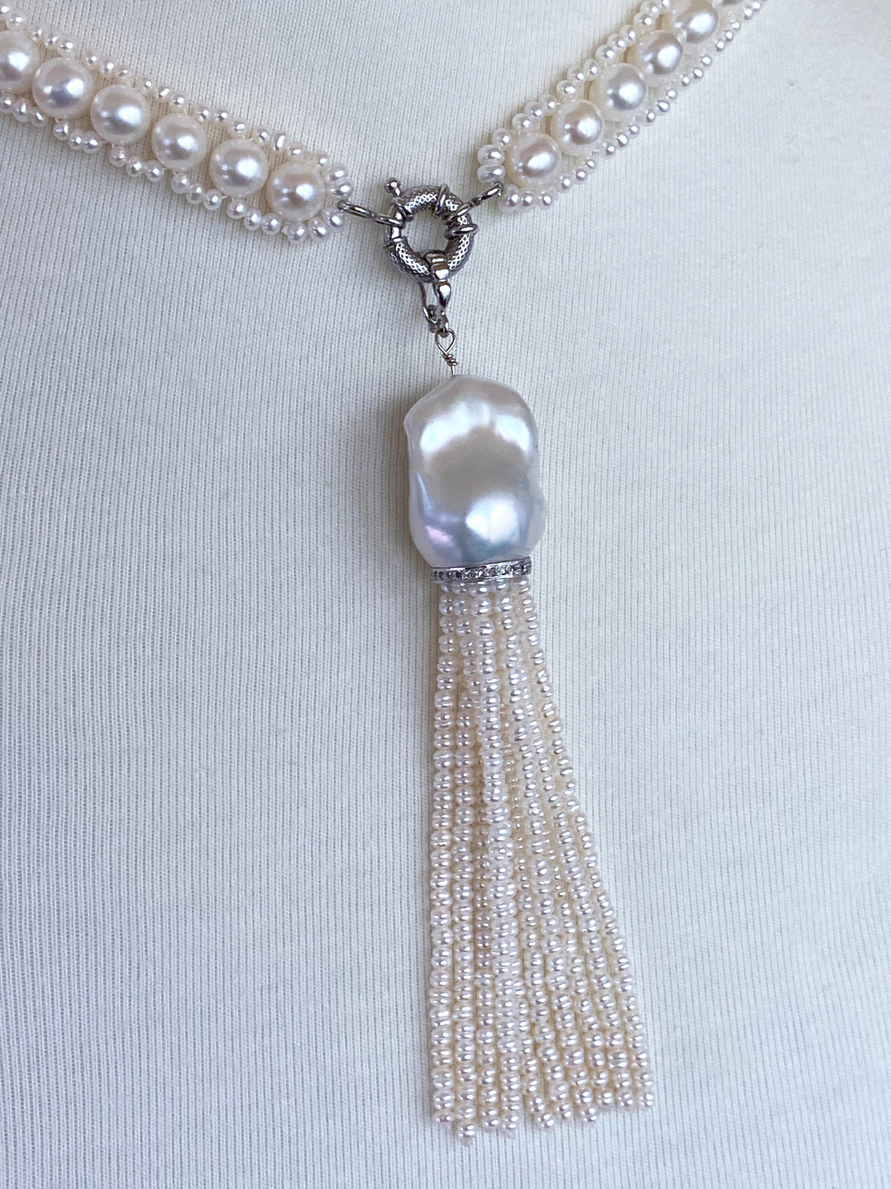 Marina J. All Pearl Sautoir & Tassel with Diamond encruste solid 14k White Gold  For Sale 5