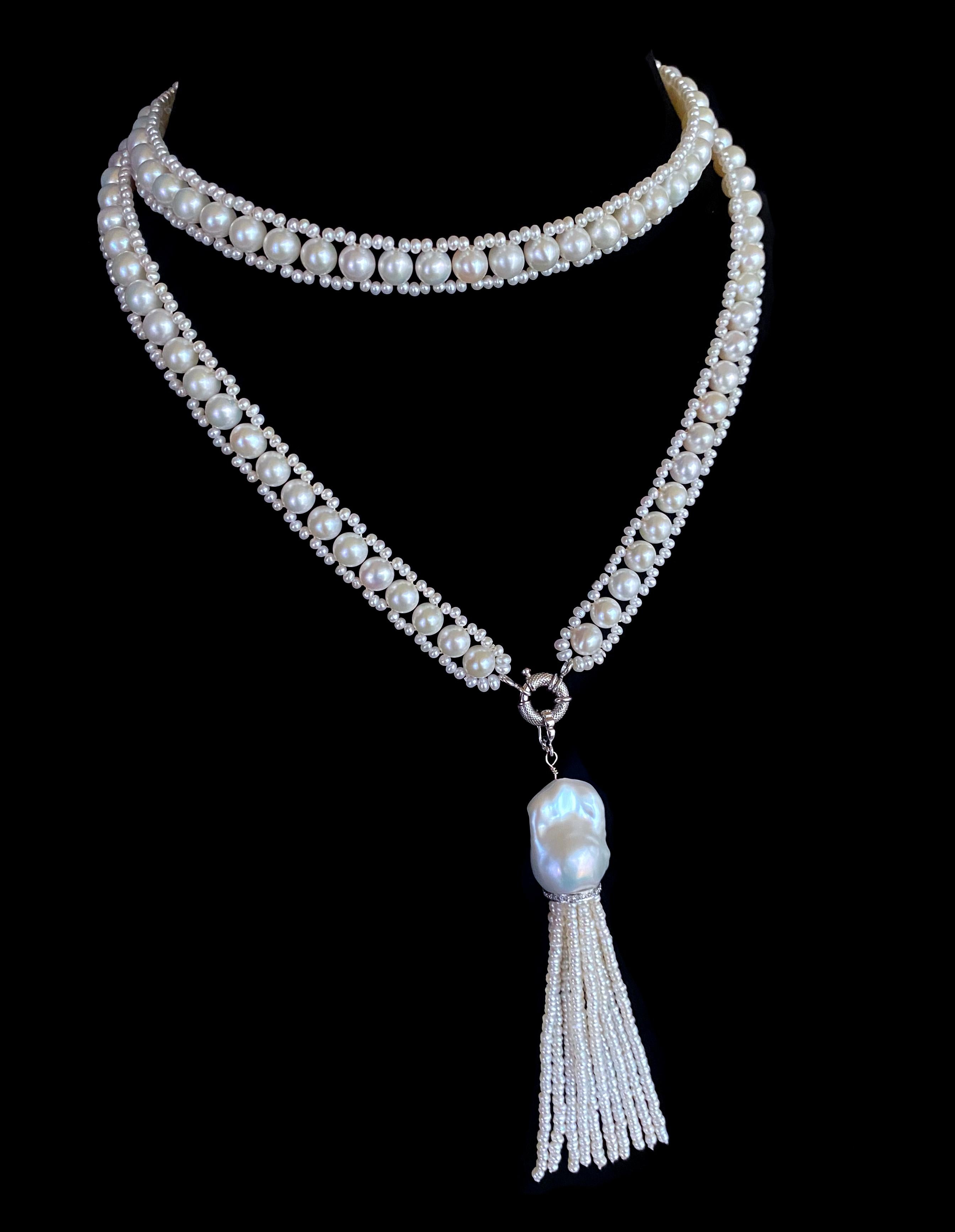Classic piece by Marina J. This sautoir is made of multi sized Pearls woven together into a column like design. The white Pearls hold a beautiful luster to them that perfectly match the dramatic, removable Tassel. Measuring 33 inches long sans
