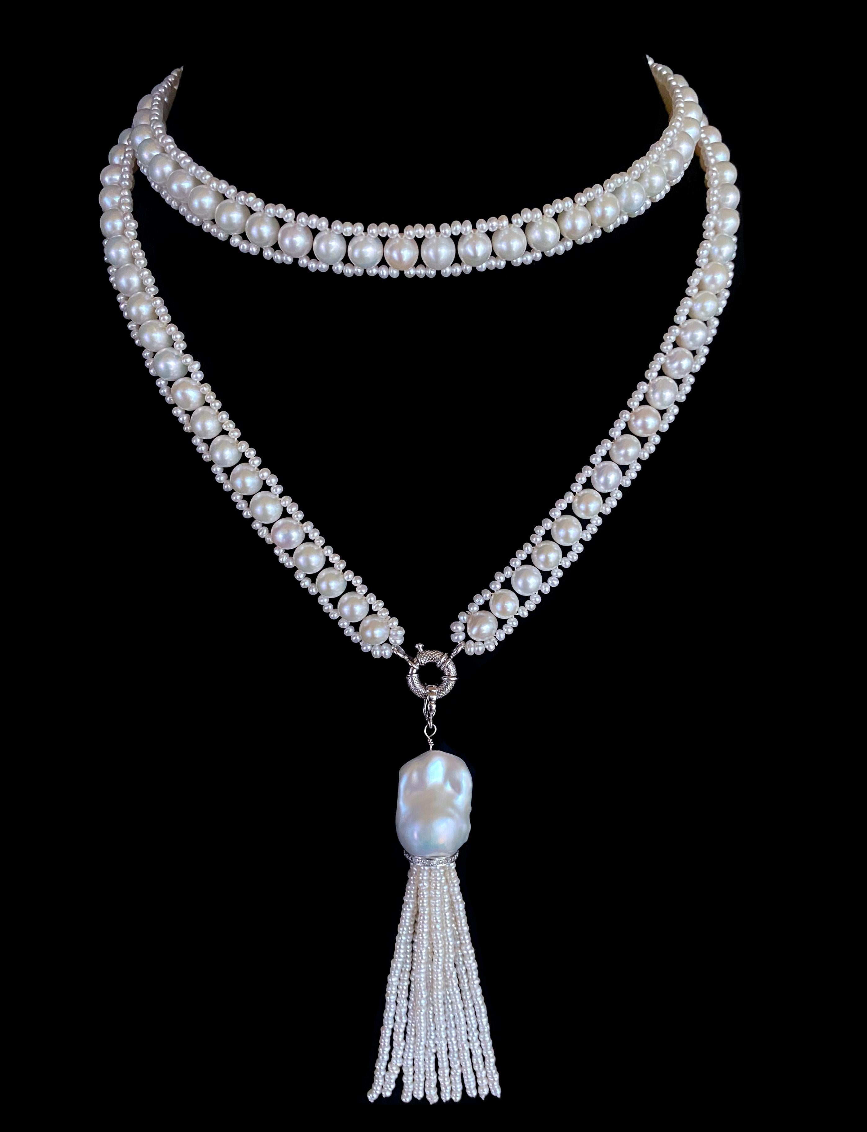 Artisan Marina J. All Pearl Sautoir & Tassel with Diamond encruste solid 14k White Gold  For Sale