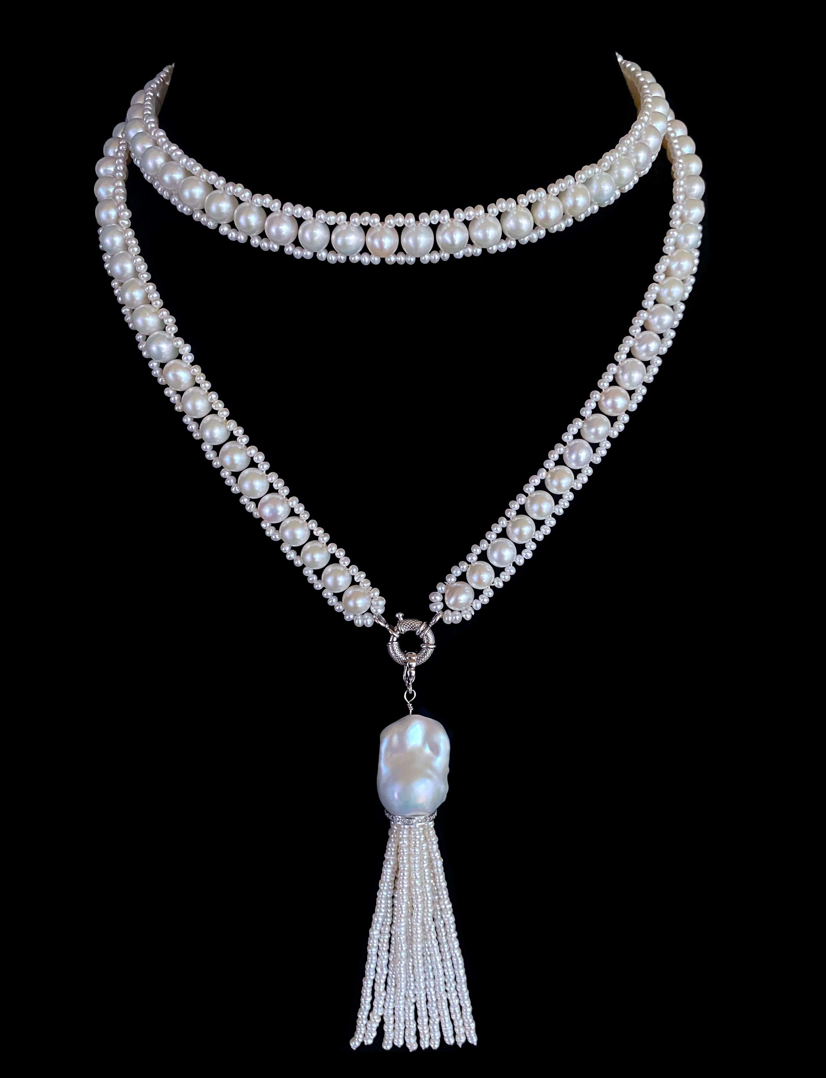 Artisan Marina J All Pearl Sautoir & Tassel with Diamond encrusted solid 14k White Gold For Sale