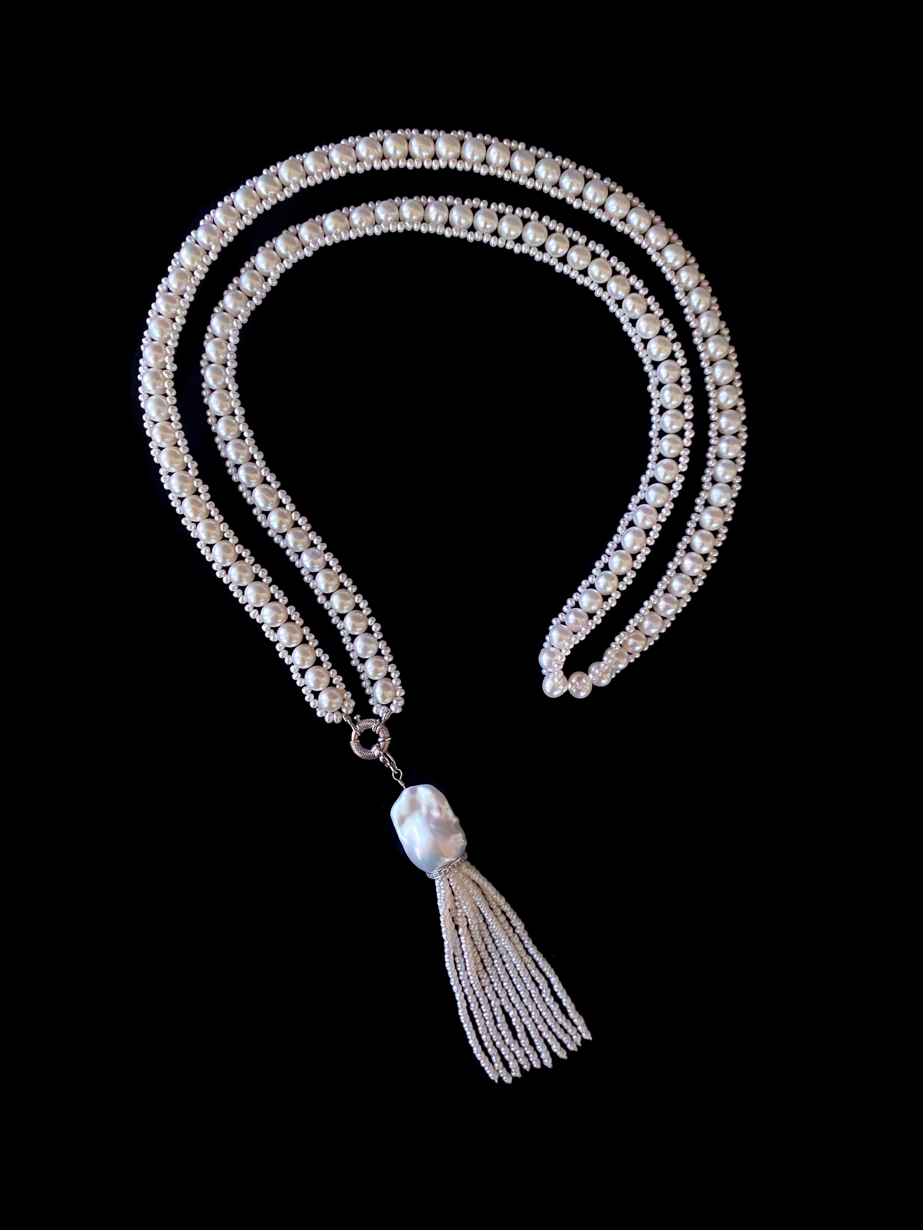 Marina J. All Pearl Sautoir & Tassel with Diamond encruste solid 14k White Gold  In New Condition For Sale In Los Angeles, CA