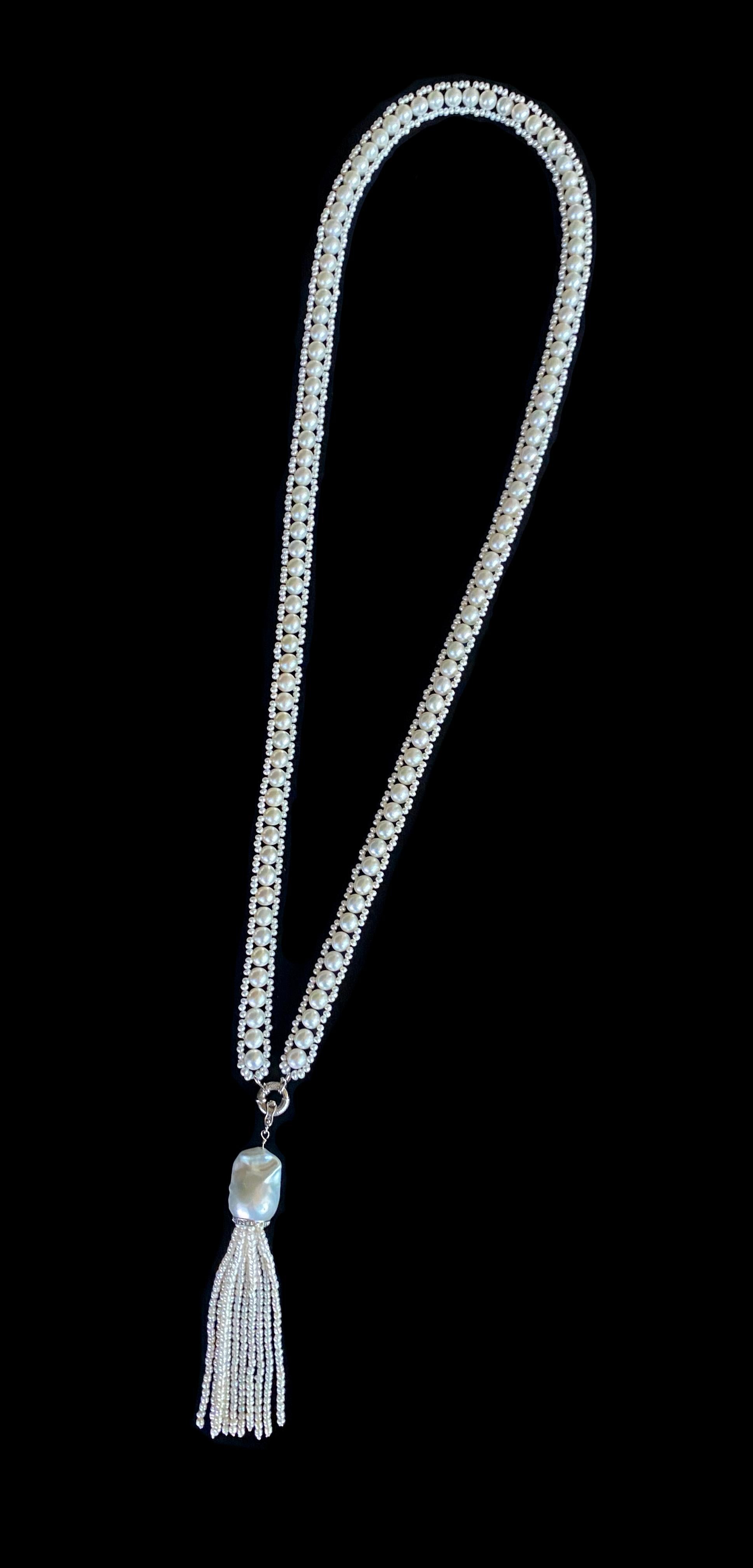 Marina J., 14 Karat Weißgold, massives Perlen-Sautoir mit Quaste und Quaste mit Diamantenbesatz  Damen im Angebot