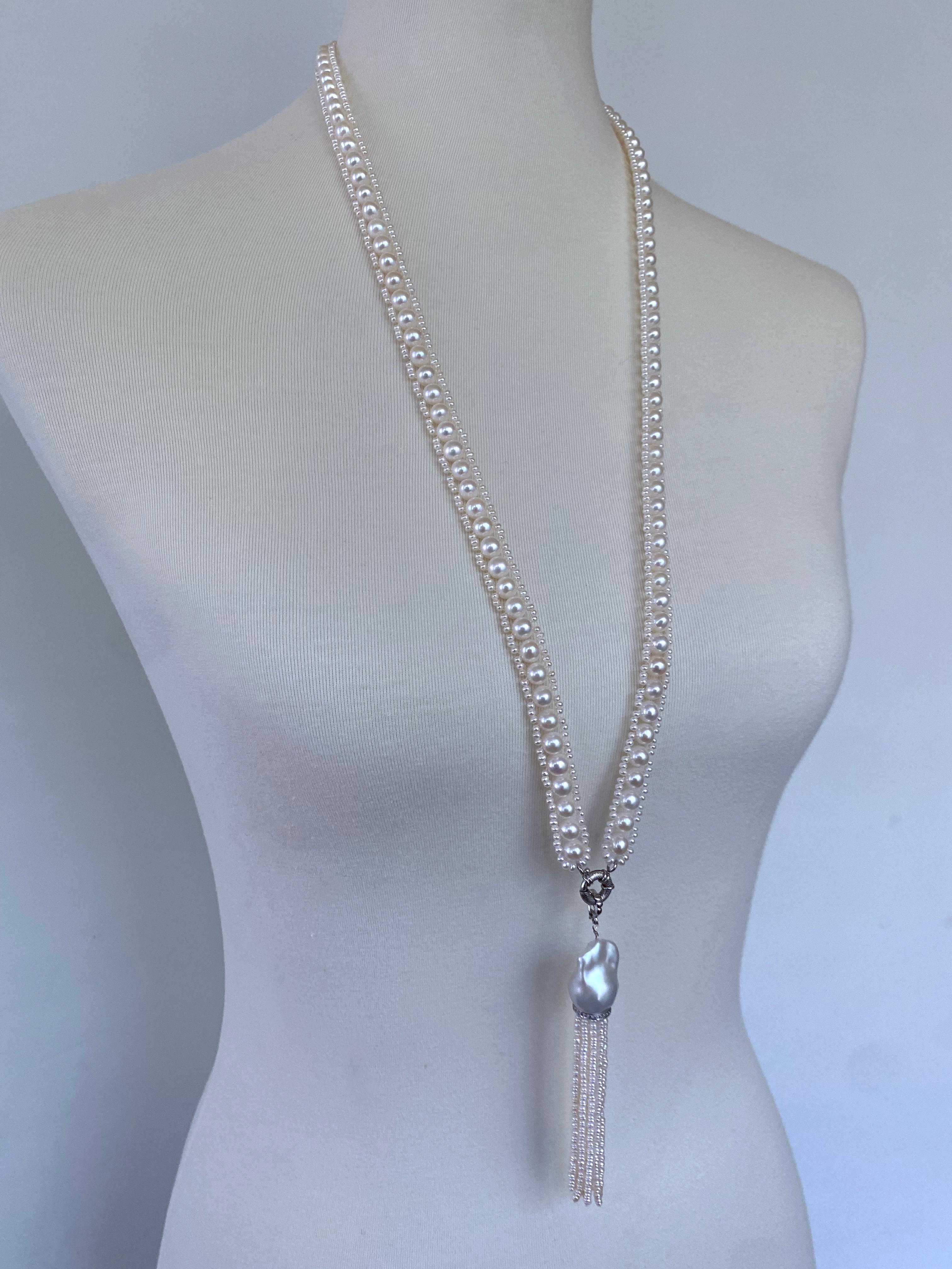Marina J. All Pearl Sautoir & Tassel with Diamond encruste solid 14k White Gold  For Sale 1