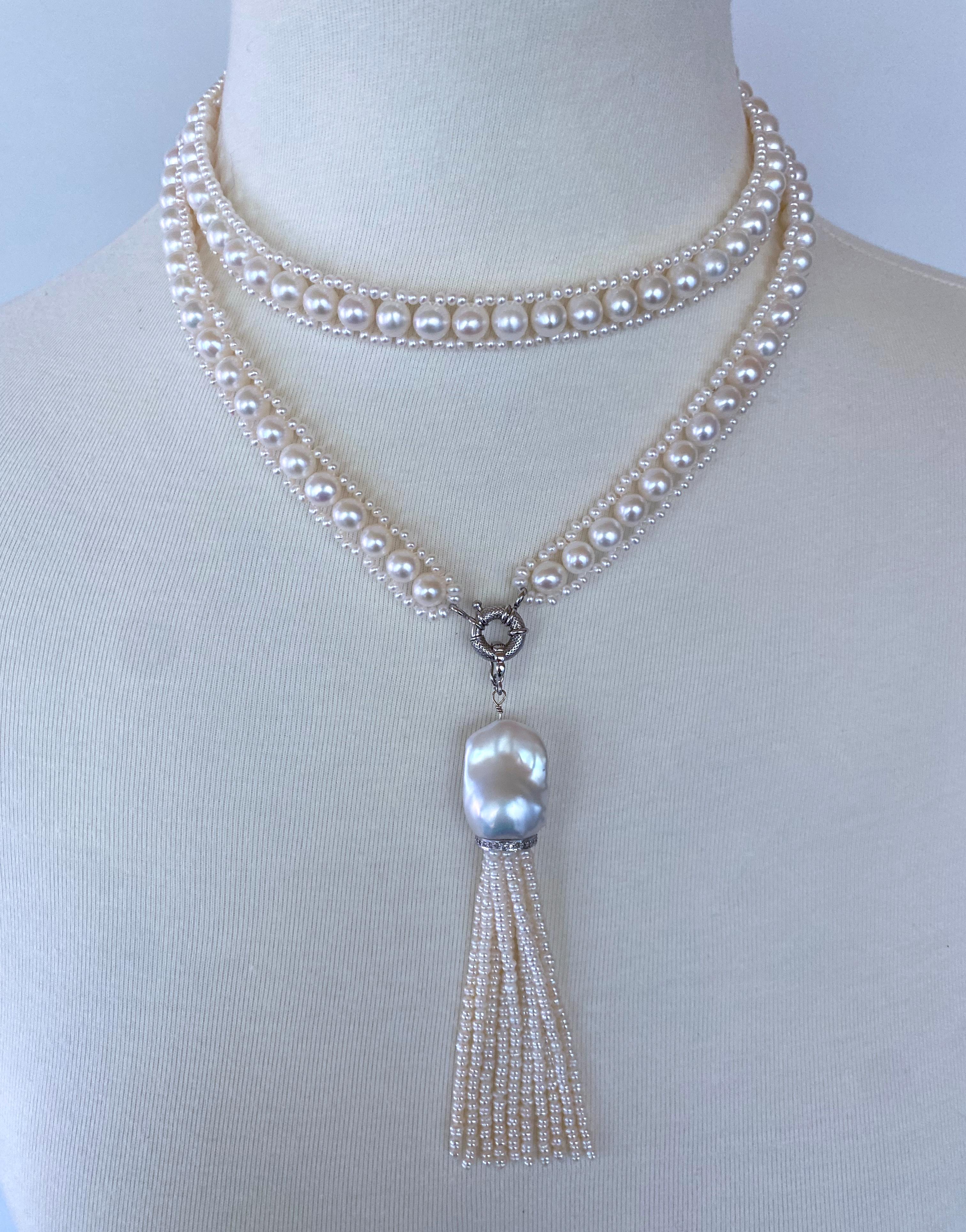 Marina J. All Pearl Sautoir & Tassel with Diamond encruste solid 14k White Gold  For Sale 2