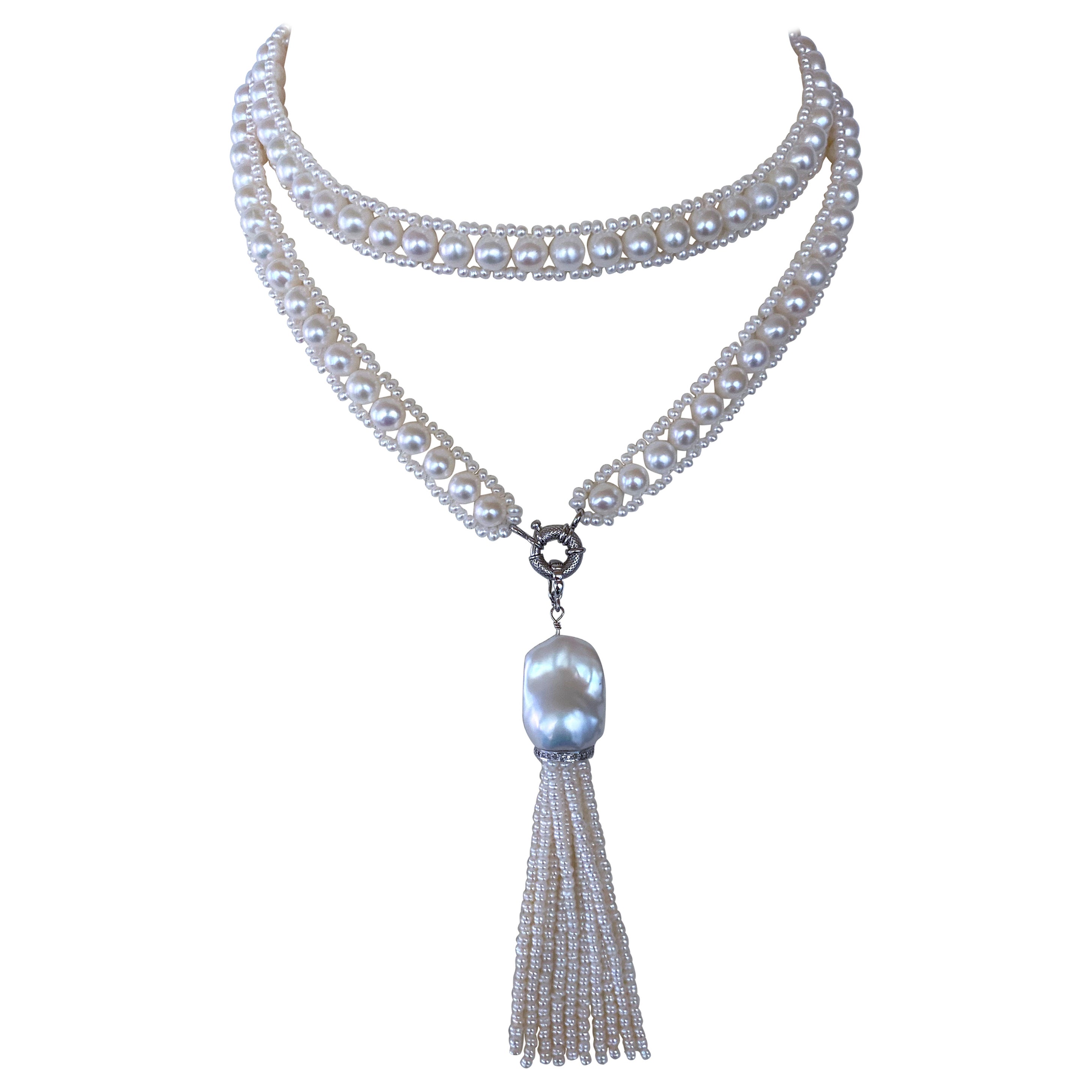 Marina J Sautoir et pompon en or blanc 14 carats incrusté de diamants