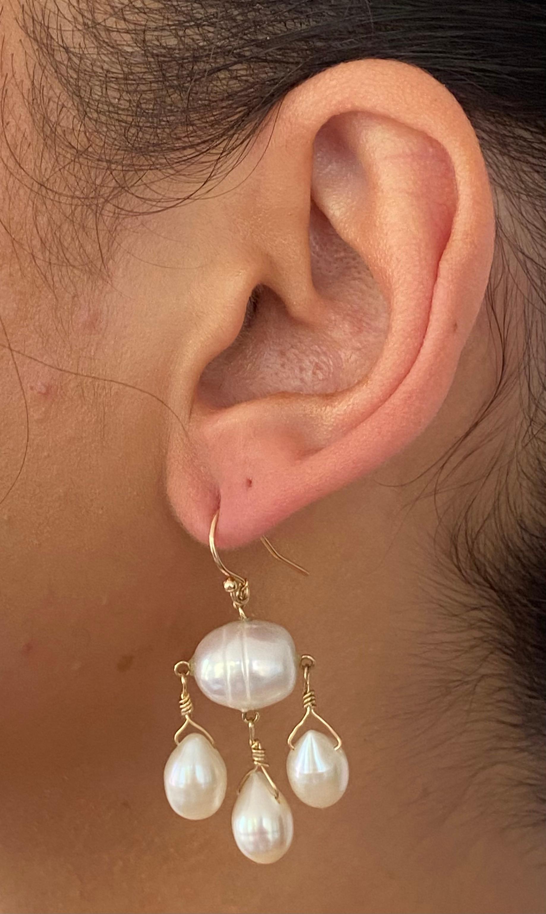 Artisan Marina J. All Pearl & Solid 14k Yellow Gold Chandelier Earrings For Sale