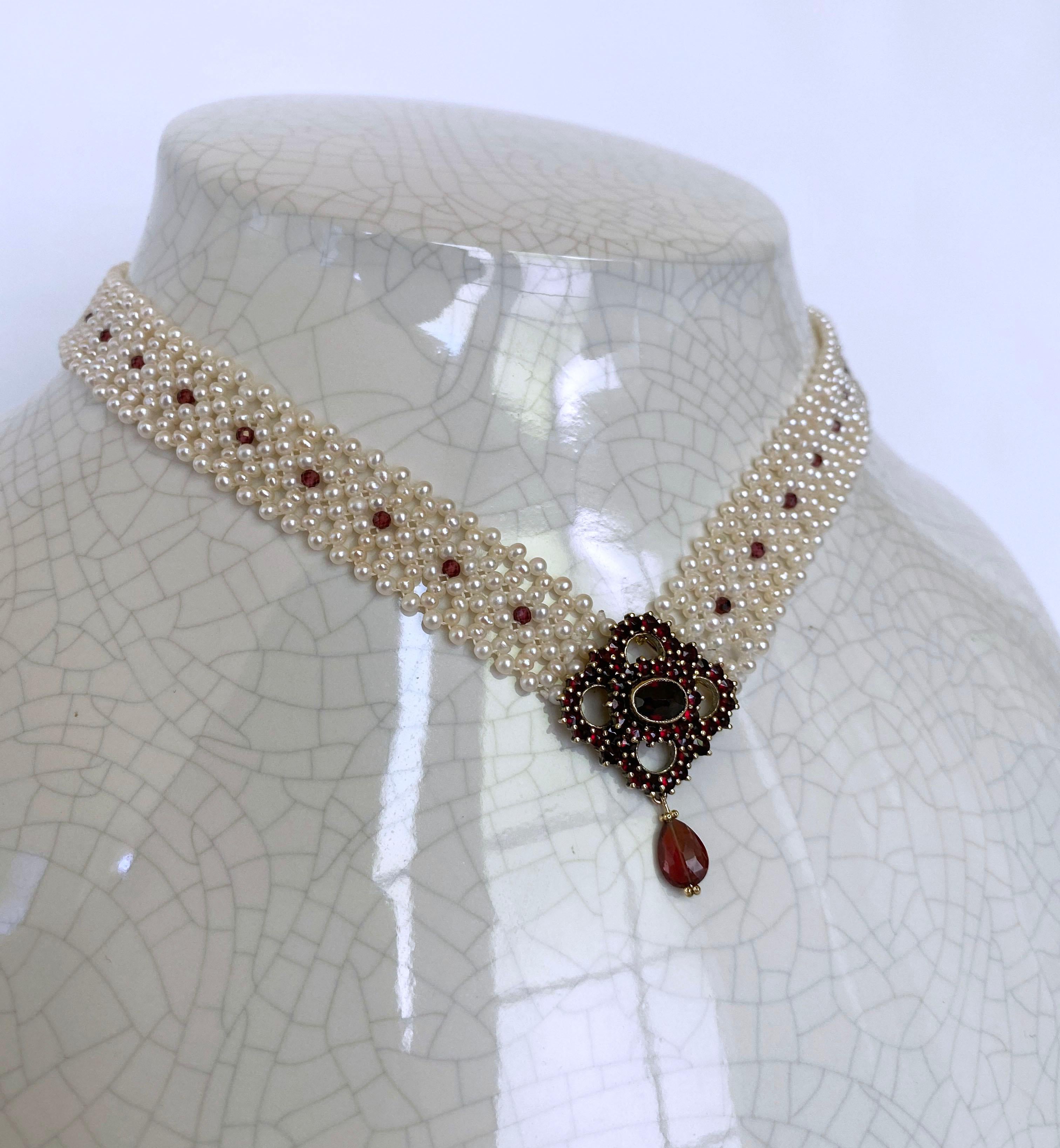 Marina J. All Pearl Woven Necklace with Vintage Garnet Centerpiece For Sale 5
