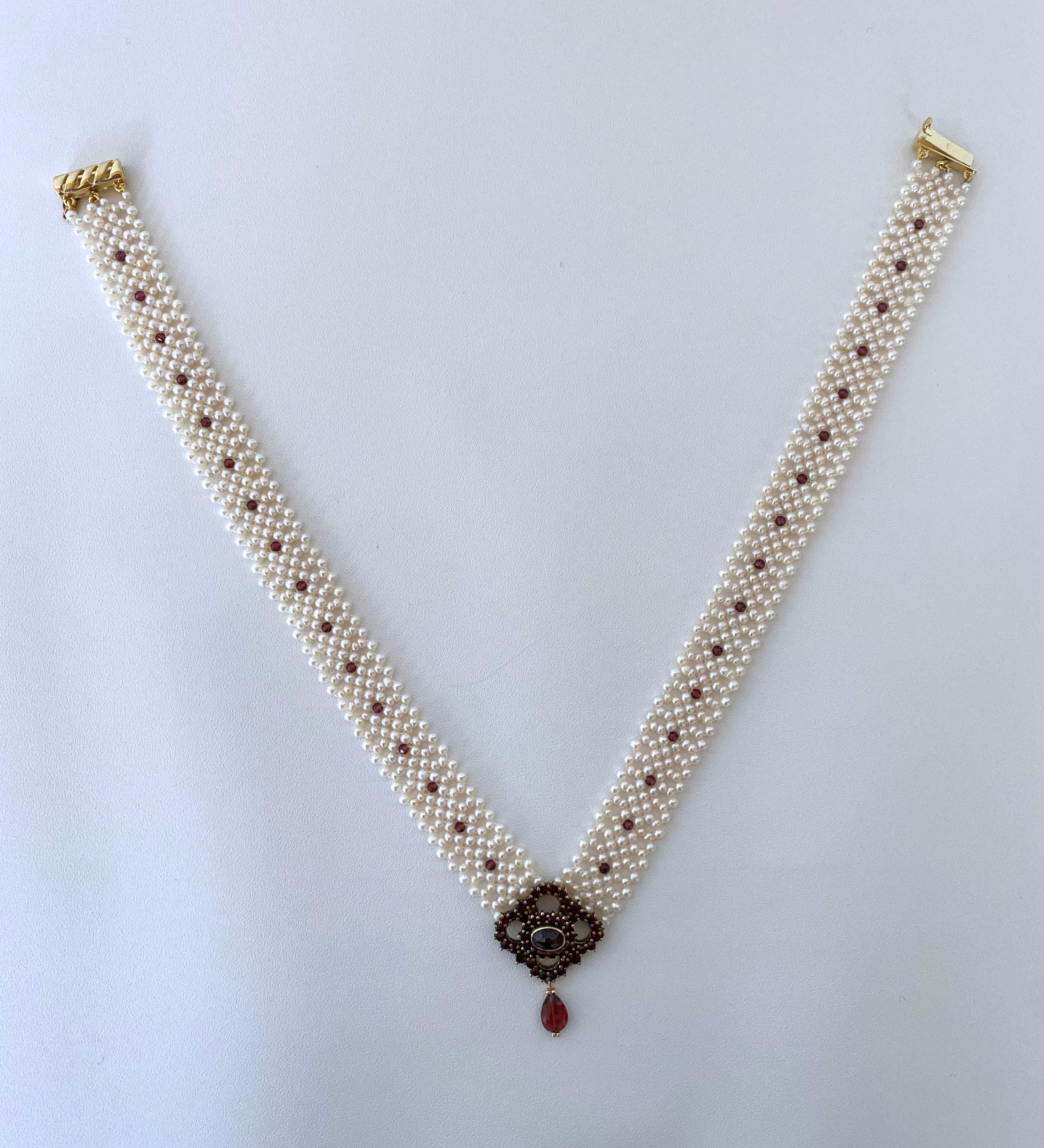 Marina J. All Pearl Woven Necklace with Vintage Garnet Centerpiece For Sale 6