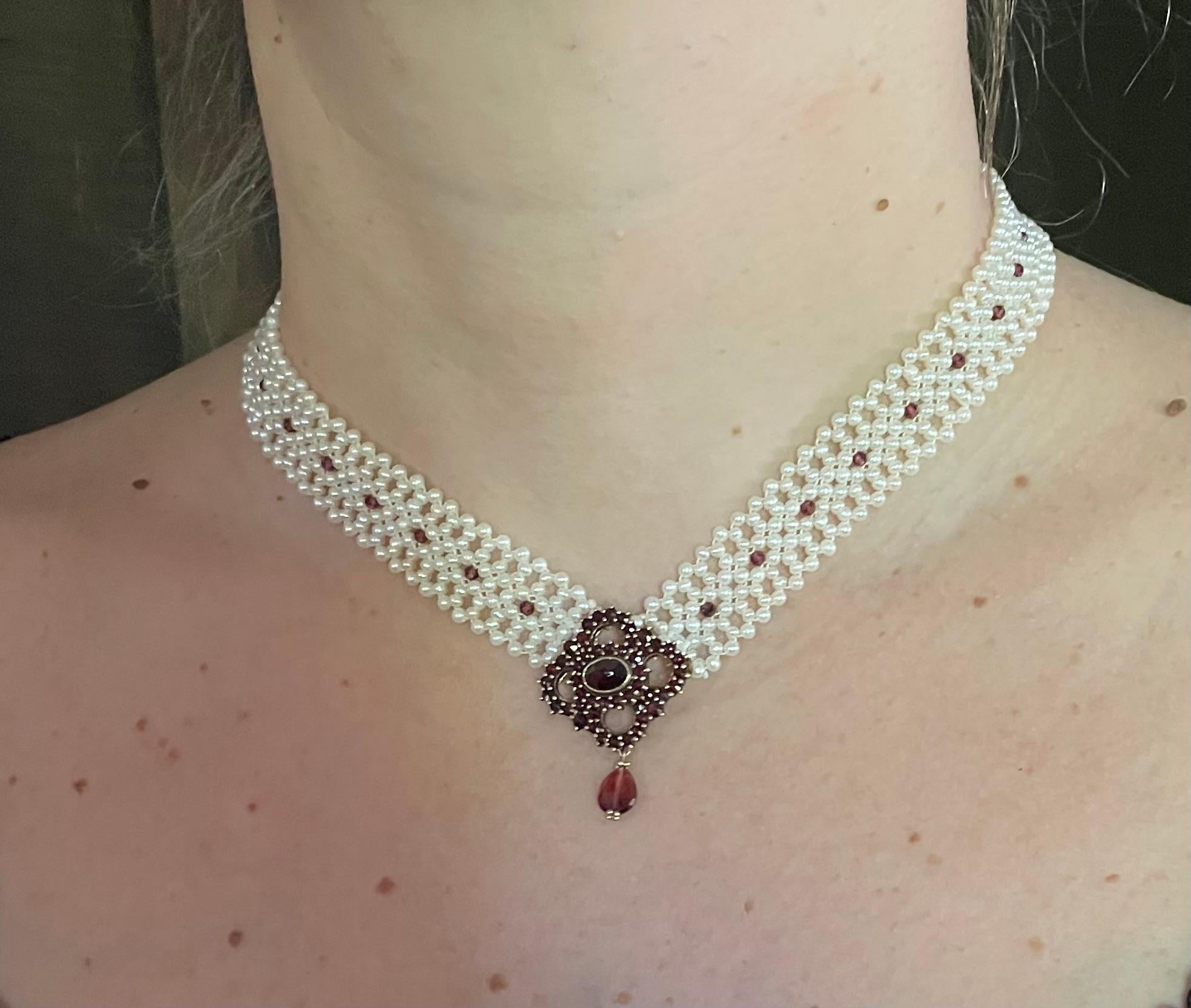 Marina J. All Pearl Woven Necklace with Vintage Garnet Centerpiece For Sale 7