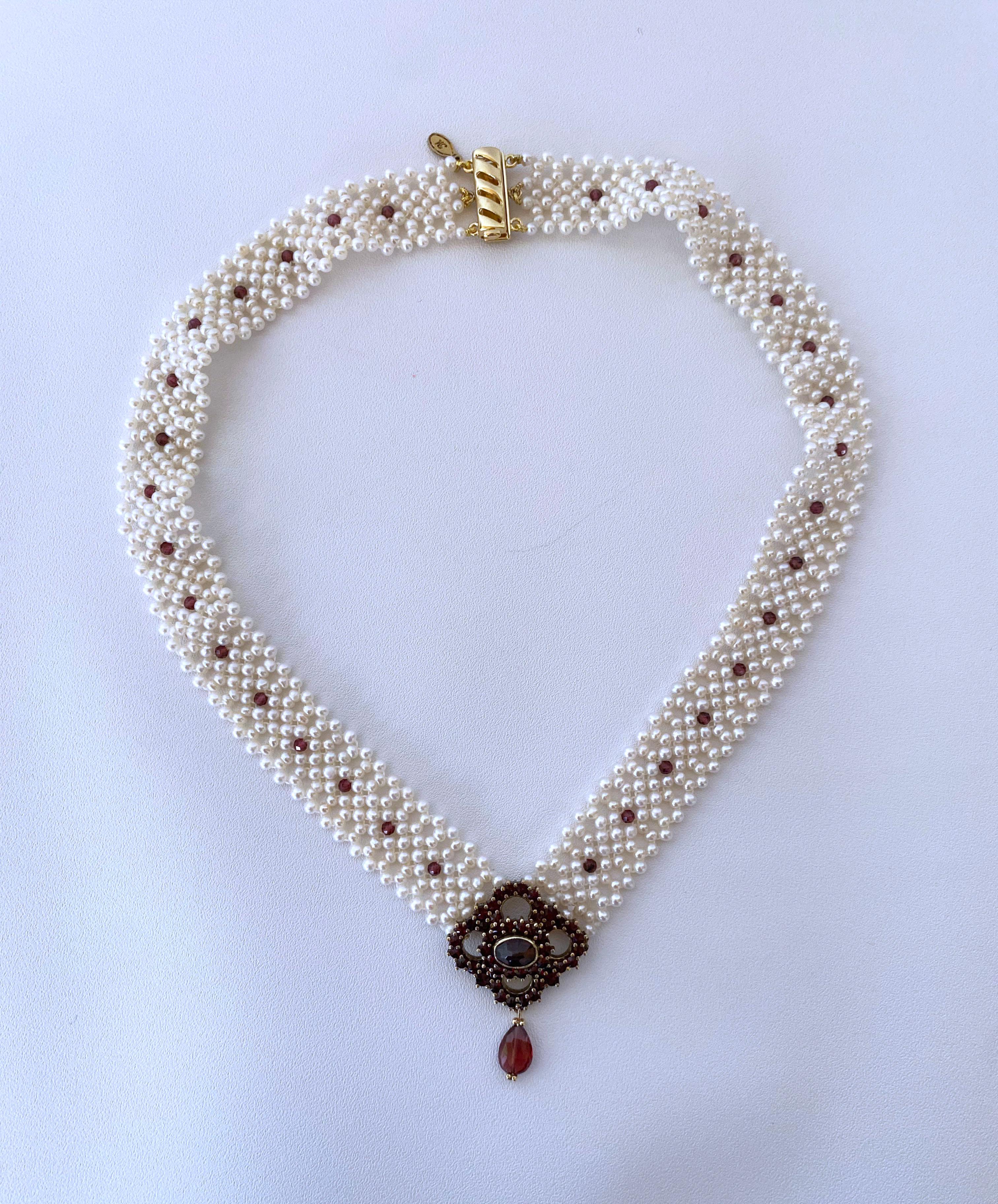 Artisan Marina J. All Pearl Woven Necklace with Vintage Garnet Centerpiece For Sale