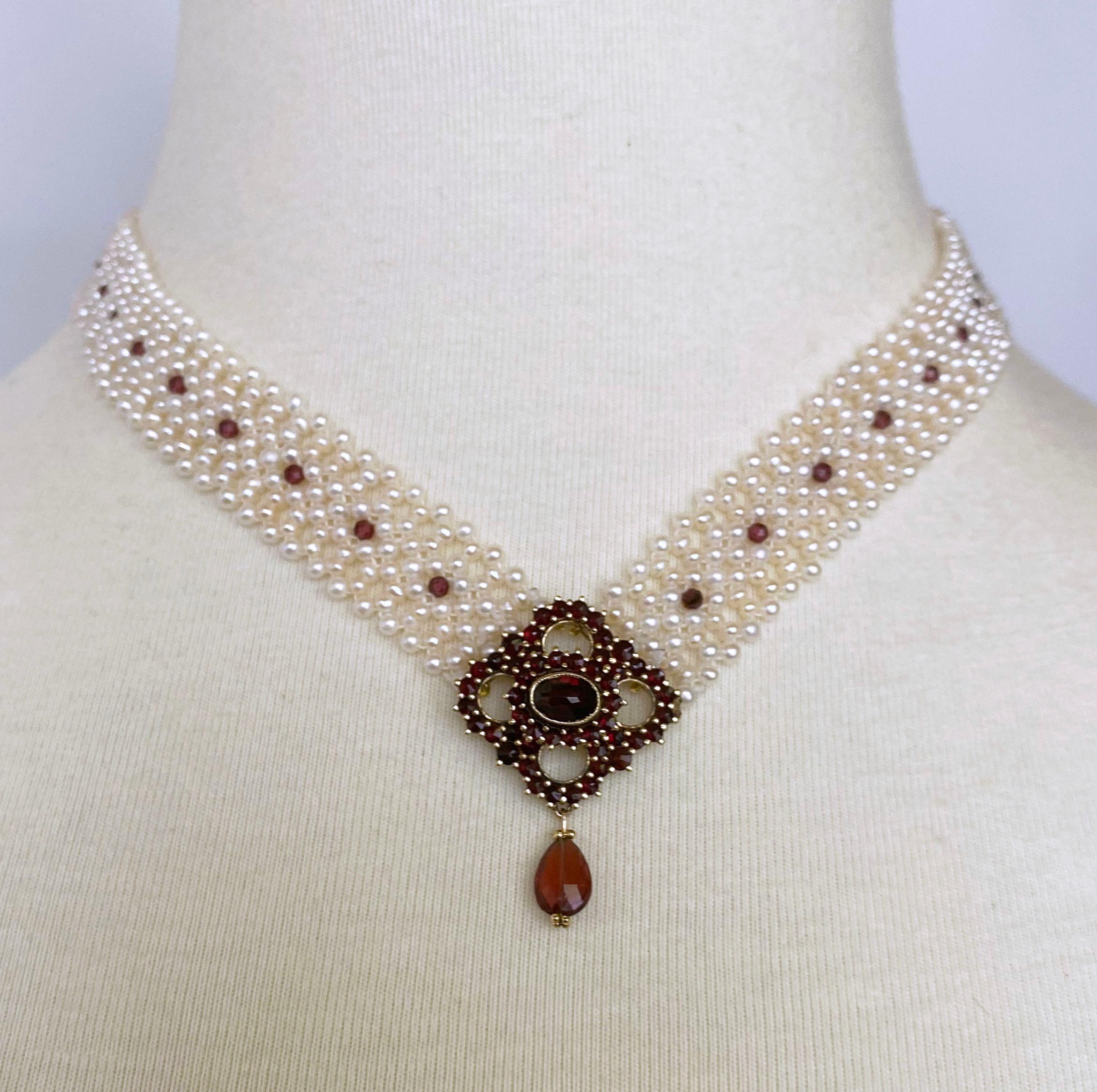 Bead Marina J. All Pearl Woven Necklace with Vintage Garnet Centerpiece For Sale