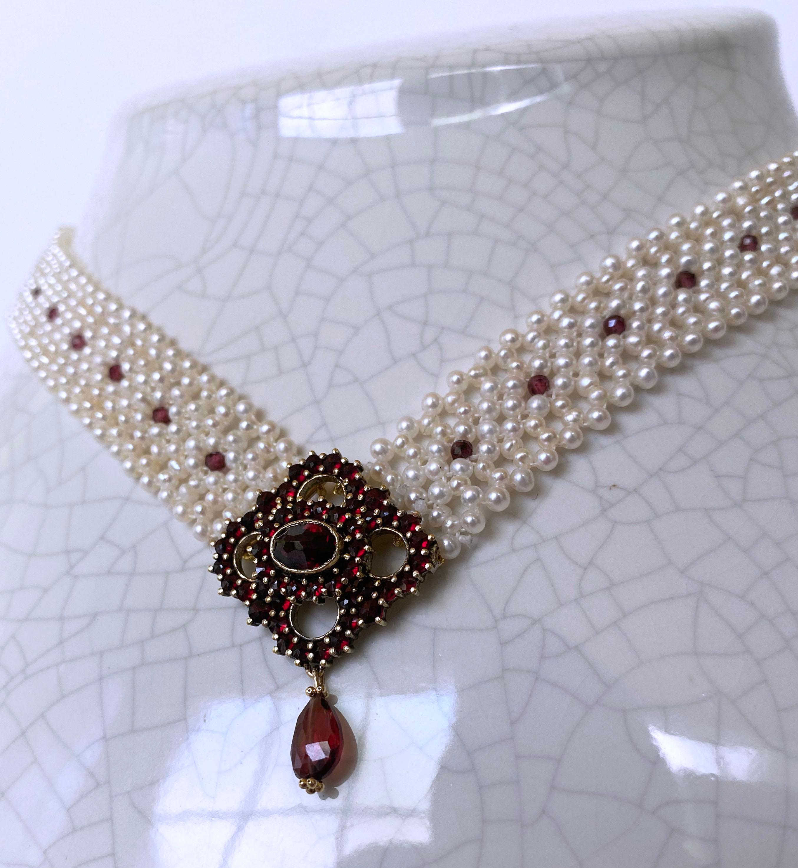 Marina J. All Pearl Woven Necklace with Vintage Garnet Centerpiece In New Condition For Sale In Los Angeles, CA