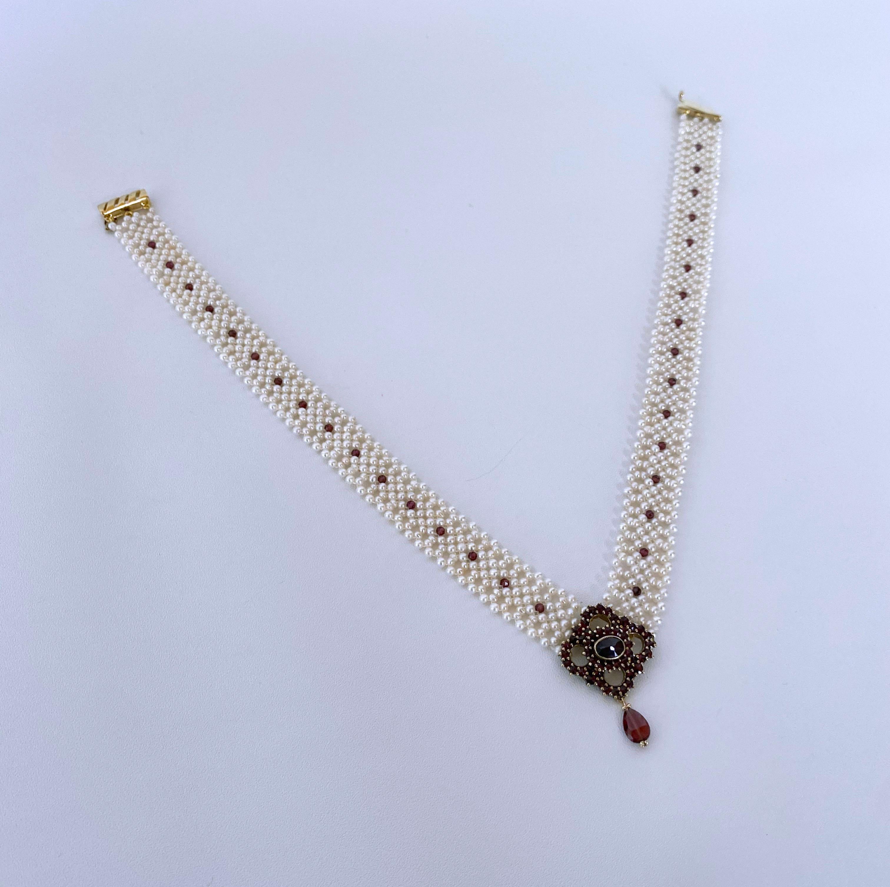 Marina J. All Pearl Woven Necklace with Vintage Garnet Centerpiece For Sale 1