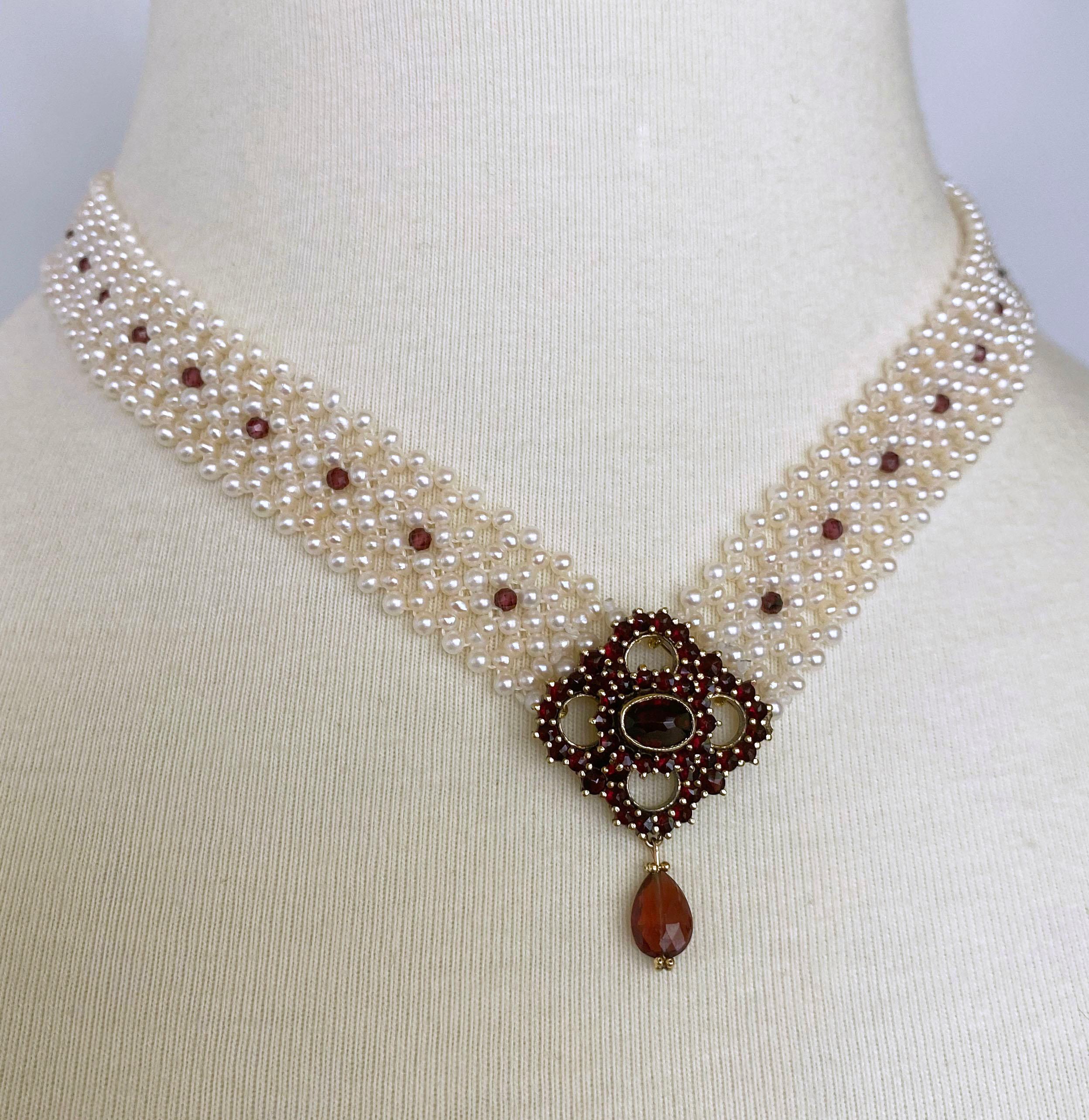 Marina J. All Pearl Woven Necklace with Vintage Garnet Centerpiece For Sale 2