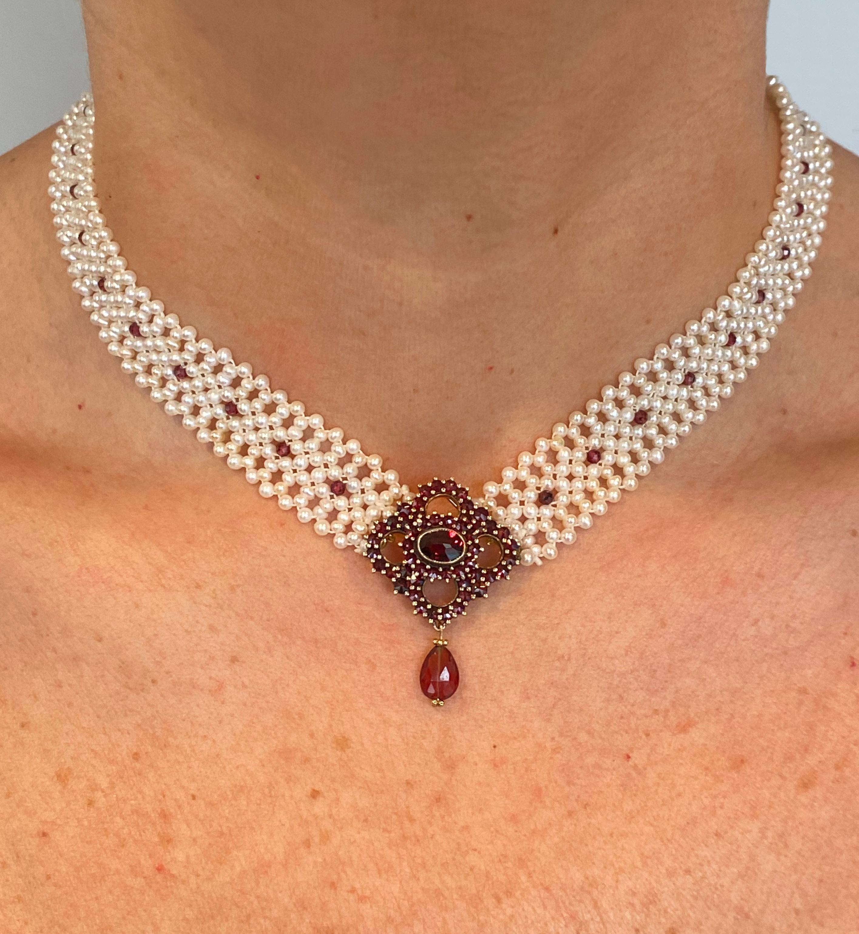 Women's Marina J. All Pearl Woven Necklace with Vintage Garnet Centerpiece For Sale