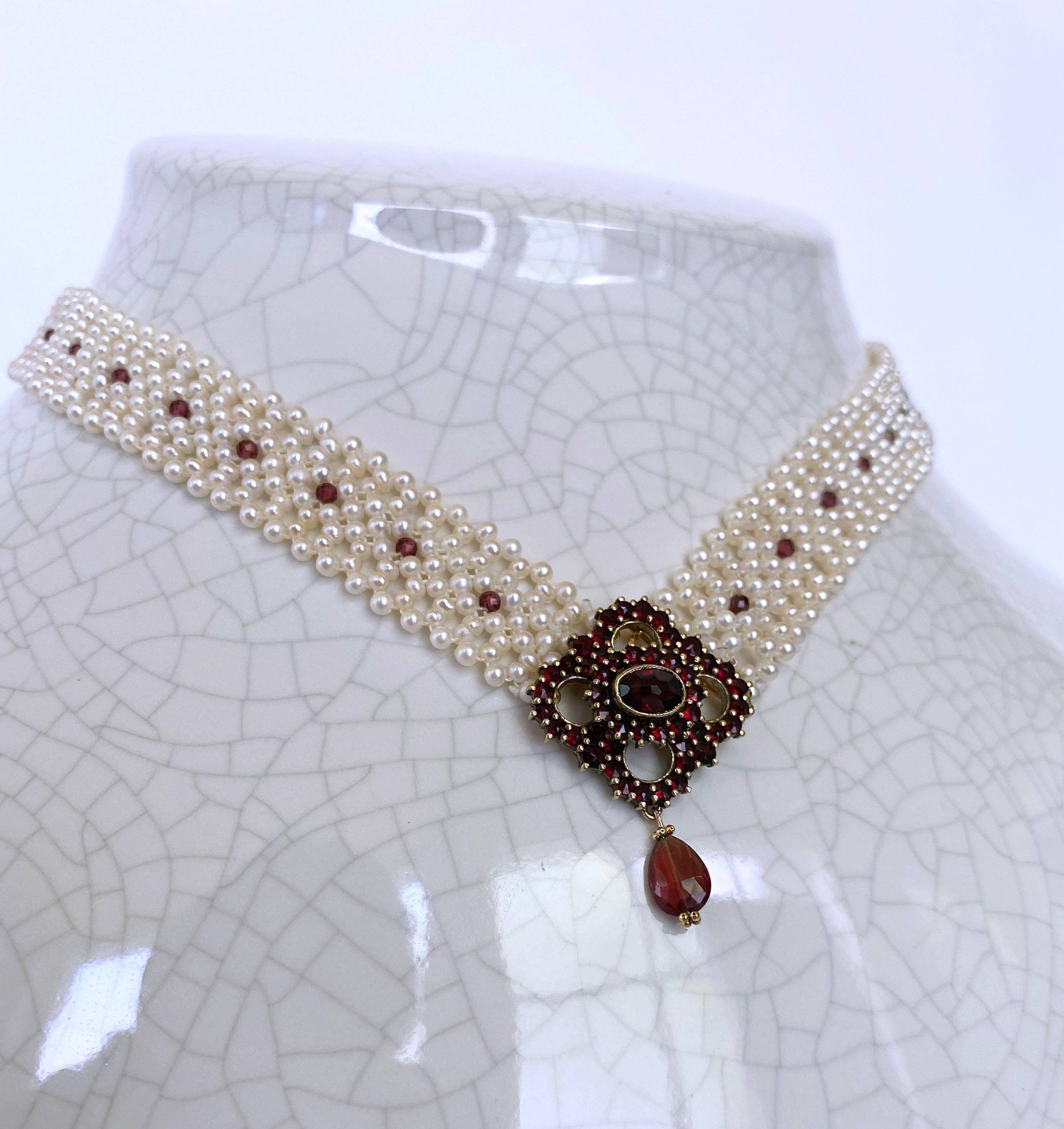 Marina J. All Pearl Woven Necklace with Vintage Garnet Centerpiece For Sale 3