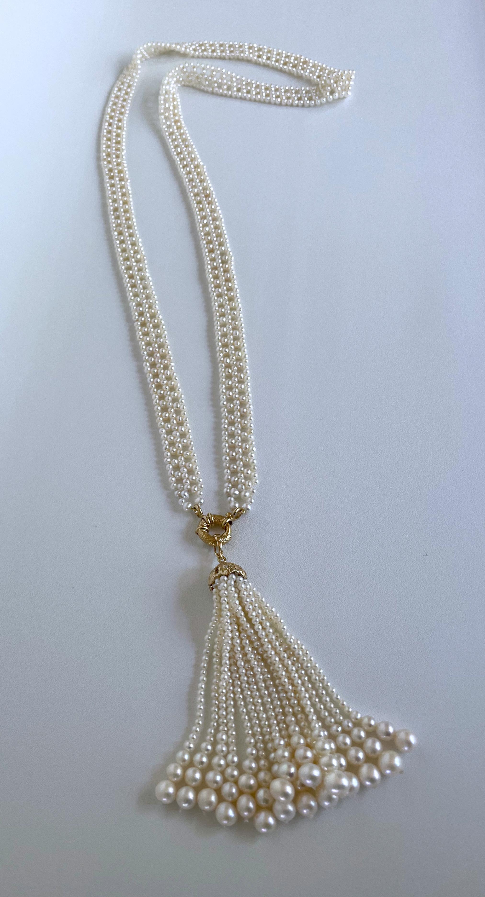 Bead Marina J. All Pearl Woven Sautoir with Diamond Encrusted 14k Yellow Gold