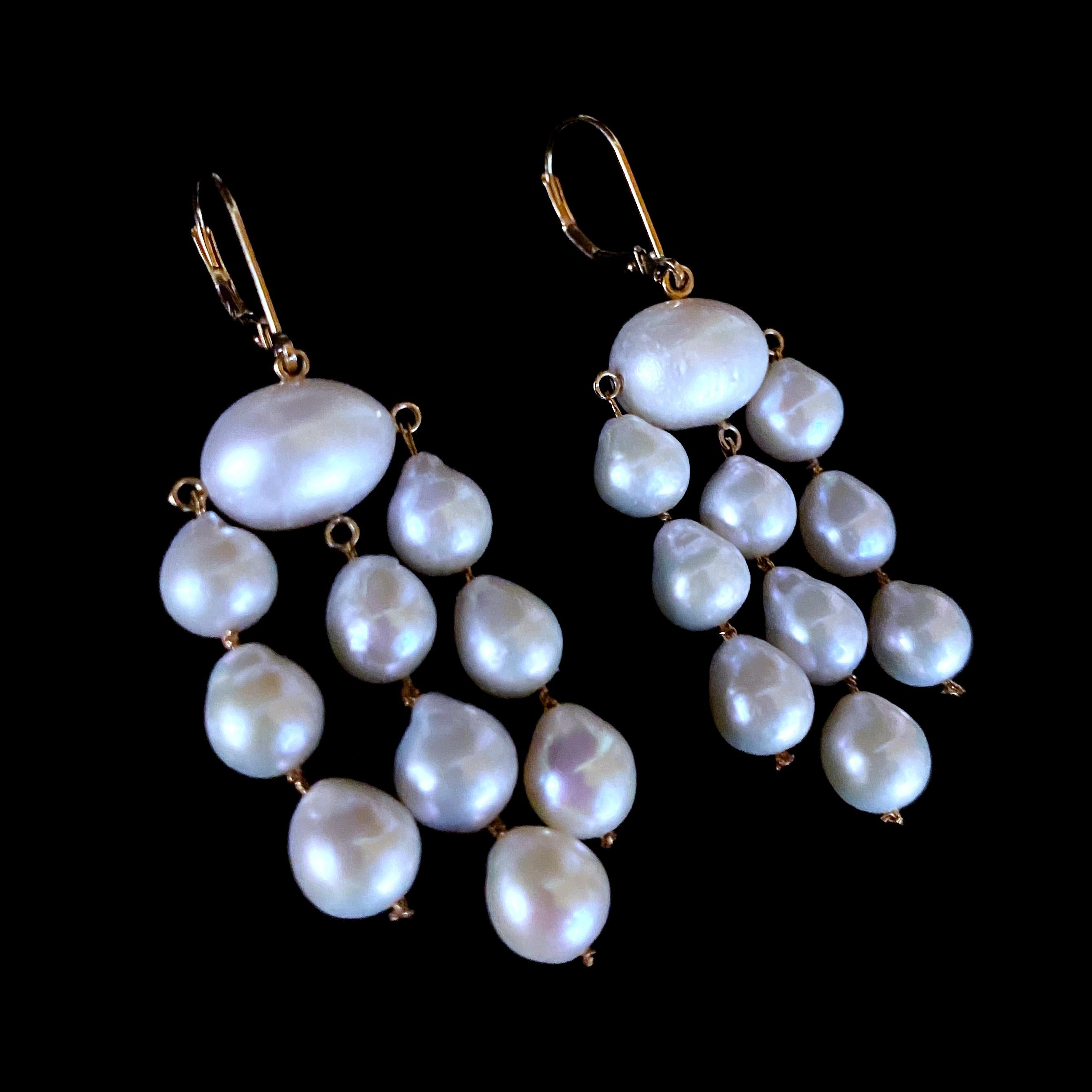 Artisan Marina J. All Solid 14k Yellow Gold & Pearl Chandelier Earrings For Sale