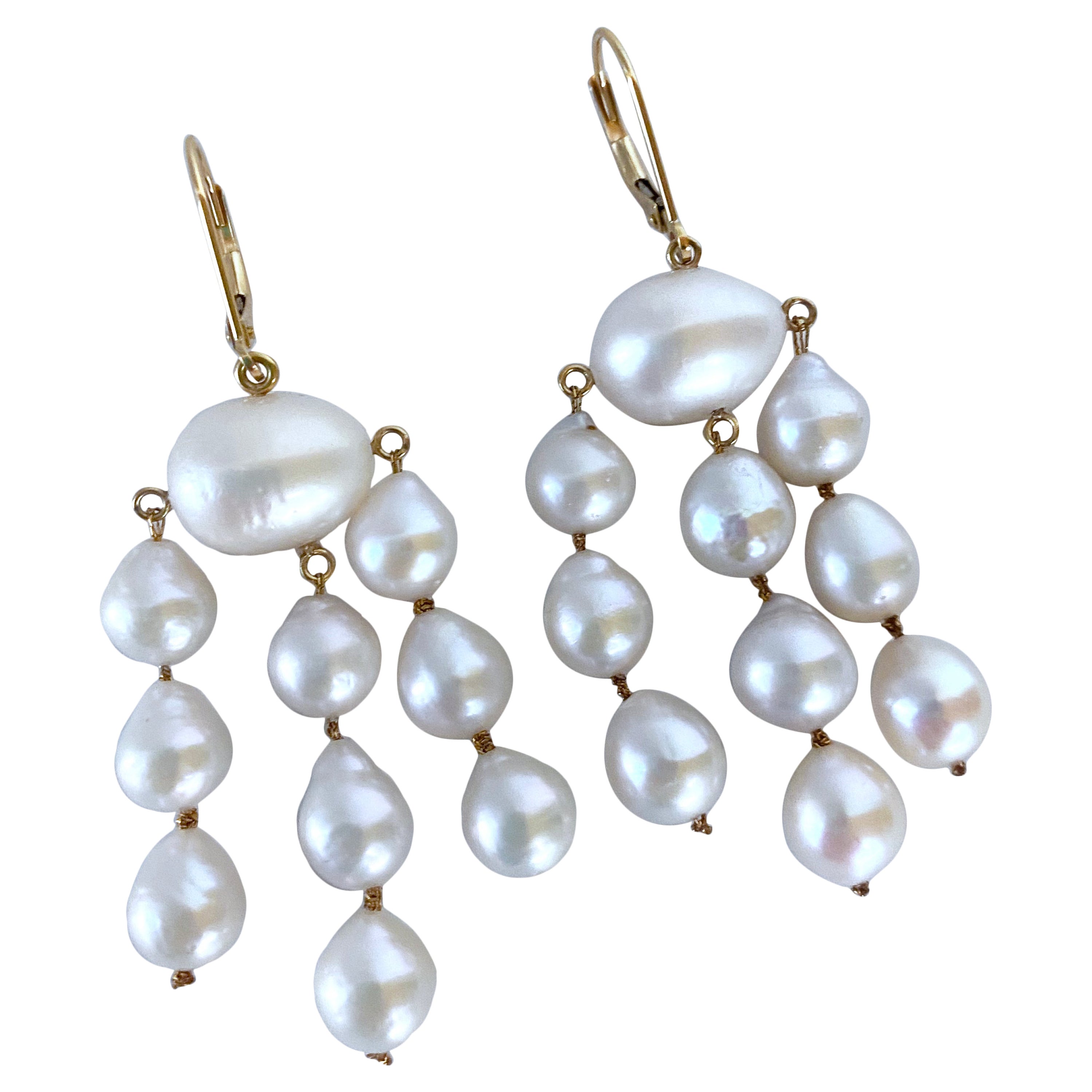 Marina J. All massive 14k Gelbgold & Perlen-Kronleuchter-Ohrringe