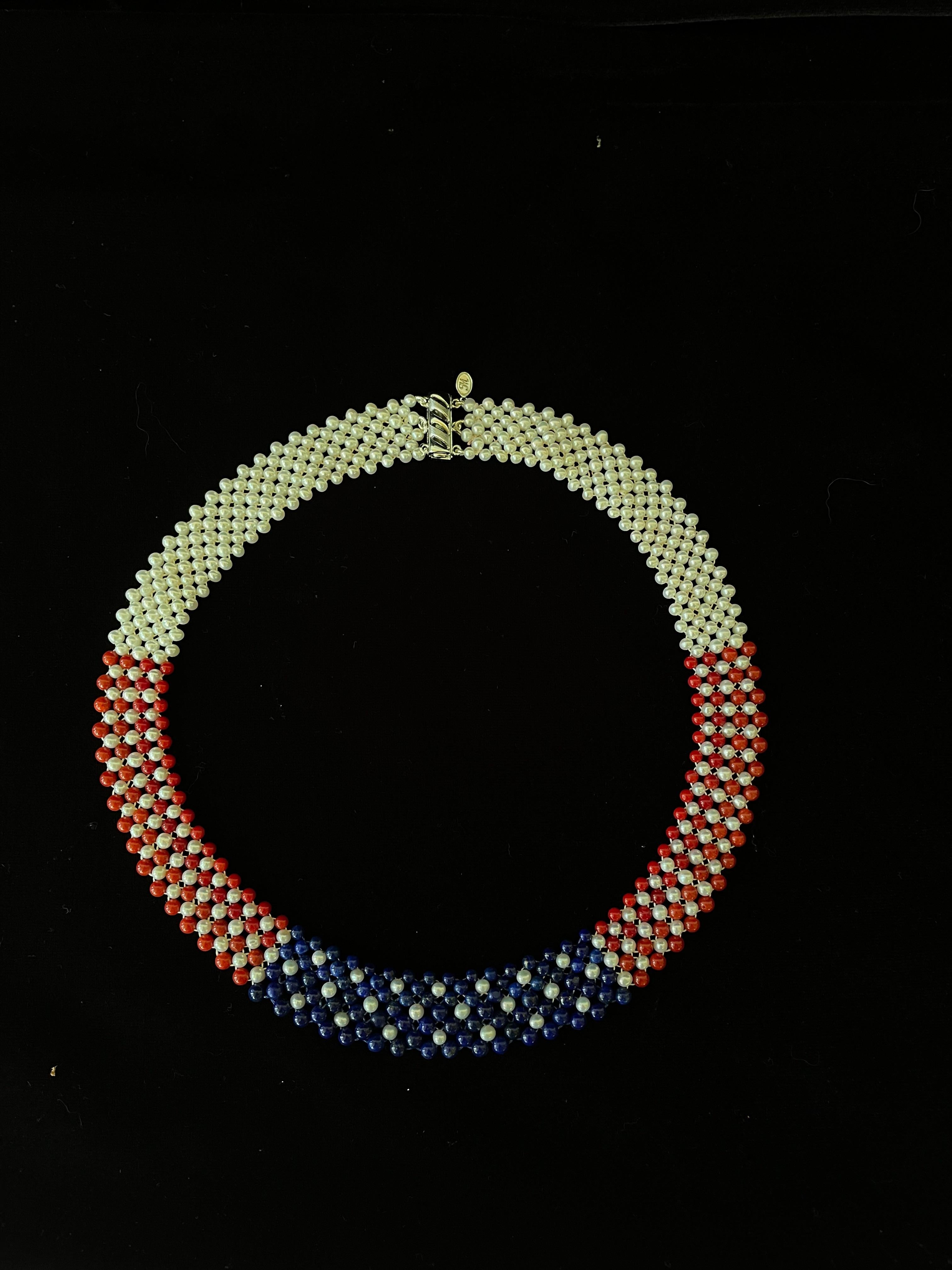 Marina J. American Flag Woven Pearl, Coral, & Lapis Necklace with 14K Yellow G. For Sale 7