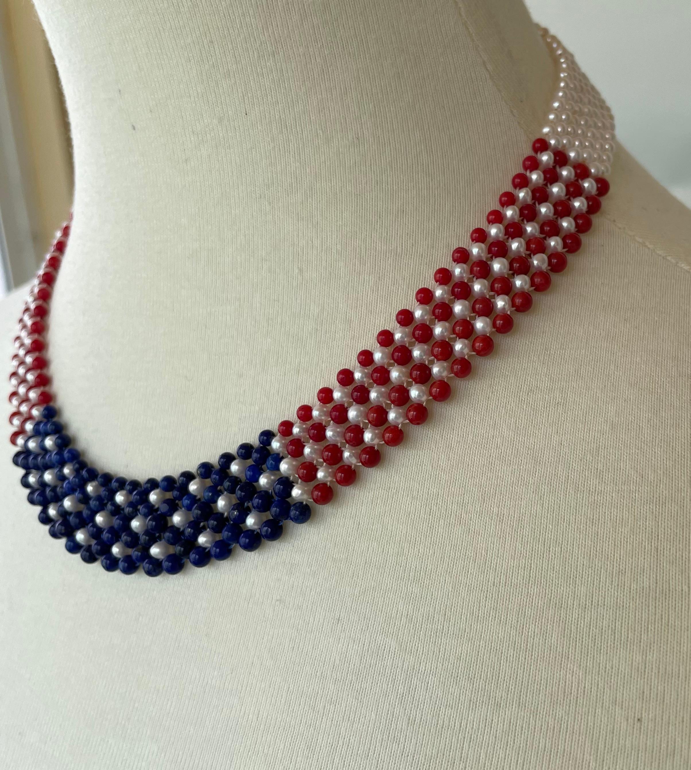 Marina J. American Flag Woven Pearl, Coral, & Lapis Necklace with 14K Yellow G. For Sale 8