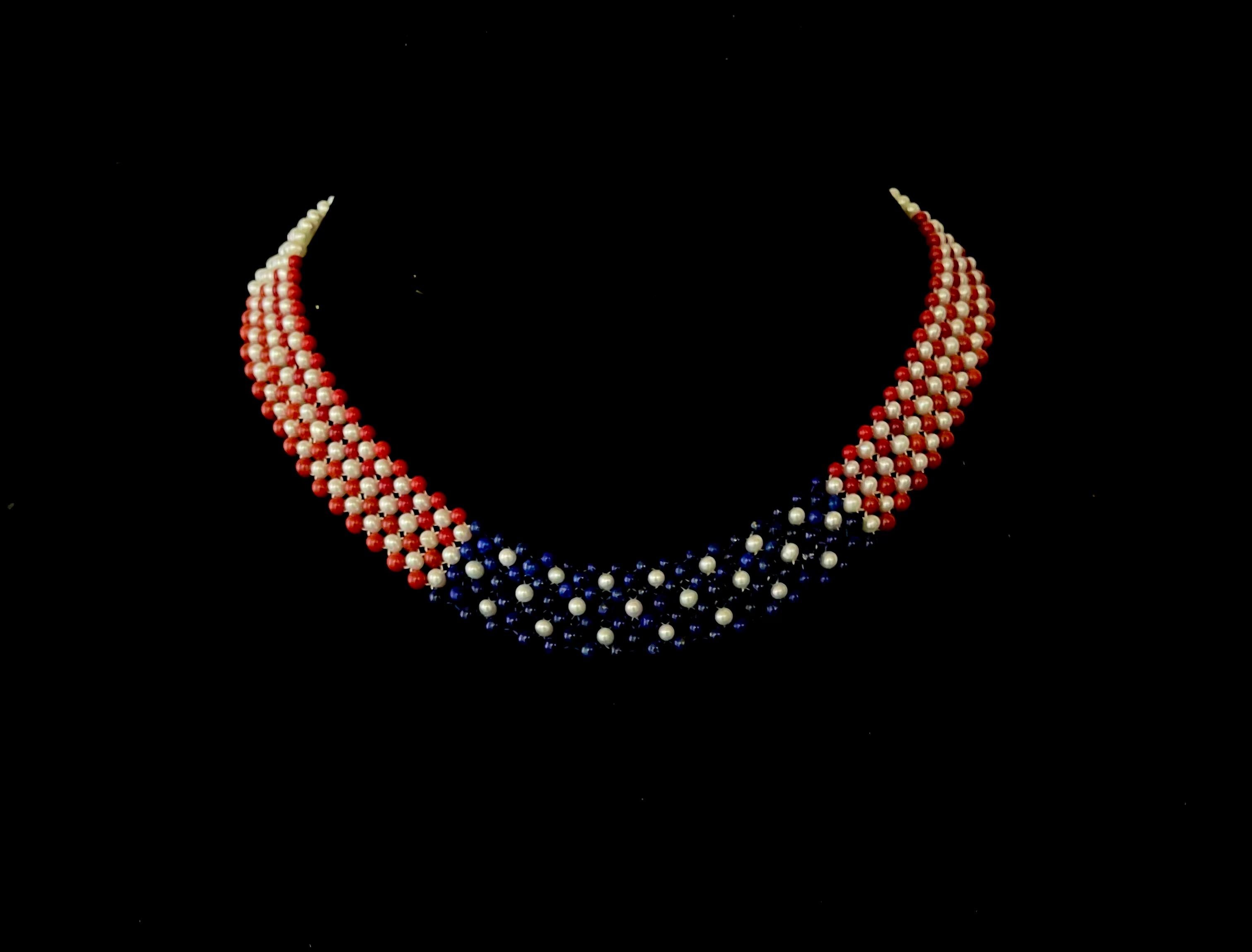 Contemporary Marina J. American Flag Woven Pearl, Coral, & Lapis Necklace with 14K Yellow G. For Sale