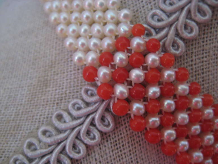 Contemporary Marina J. American Flag Woven Pearl, Coral, & Lapis Necklace with 14K Yellow G.