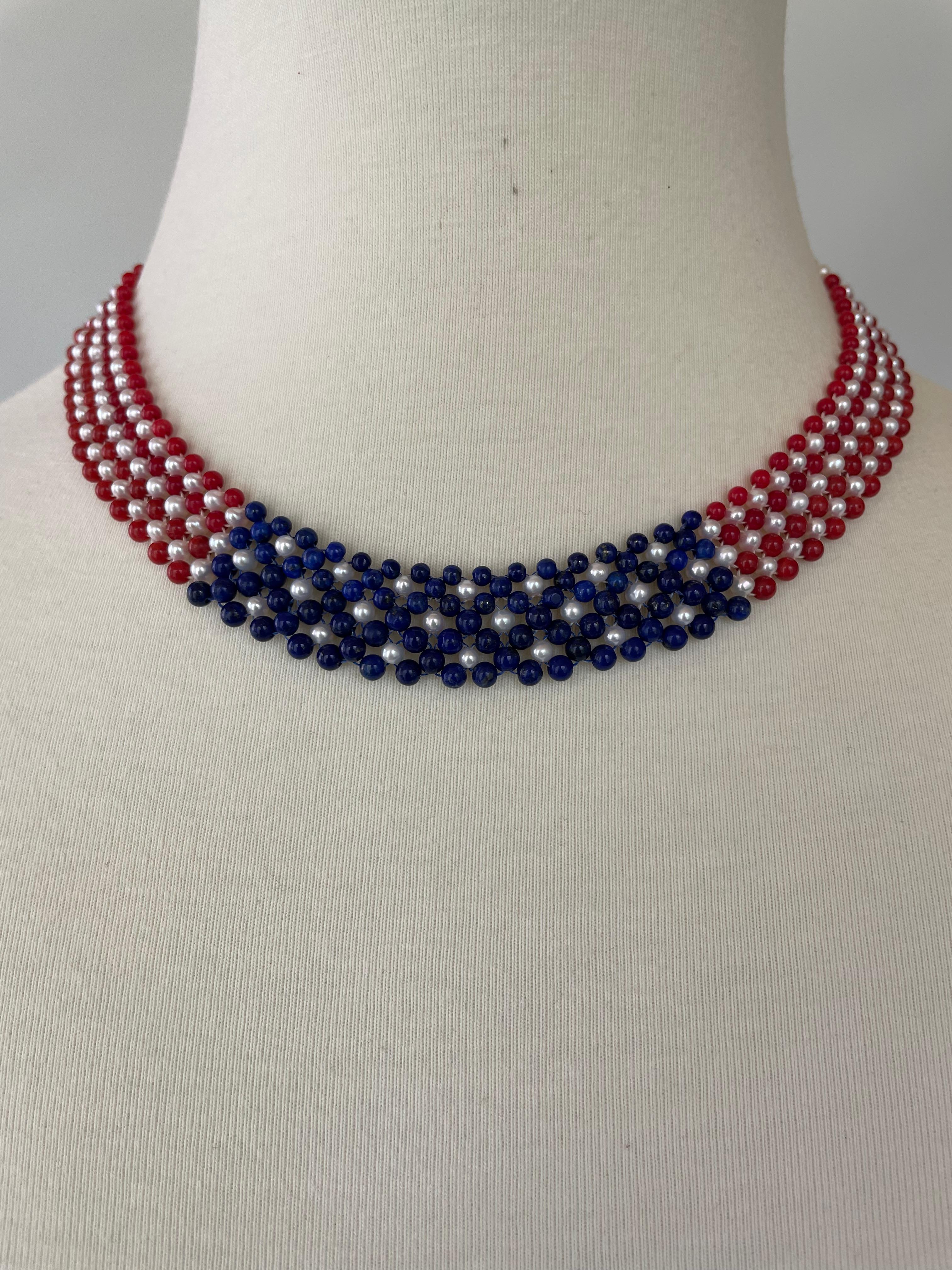 Bead Marina J. American Flag Woven Pearl, Coral, & Lapis Necklace with 14K Yellow G. For Sale