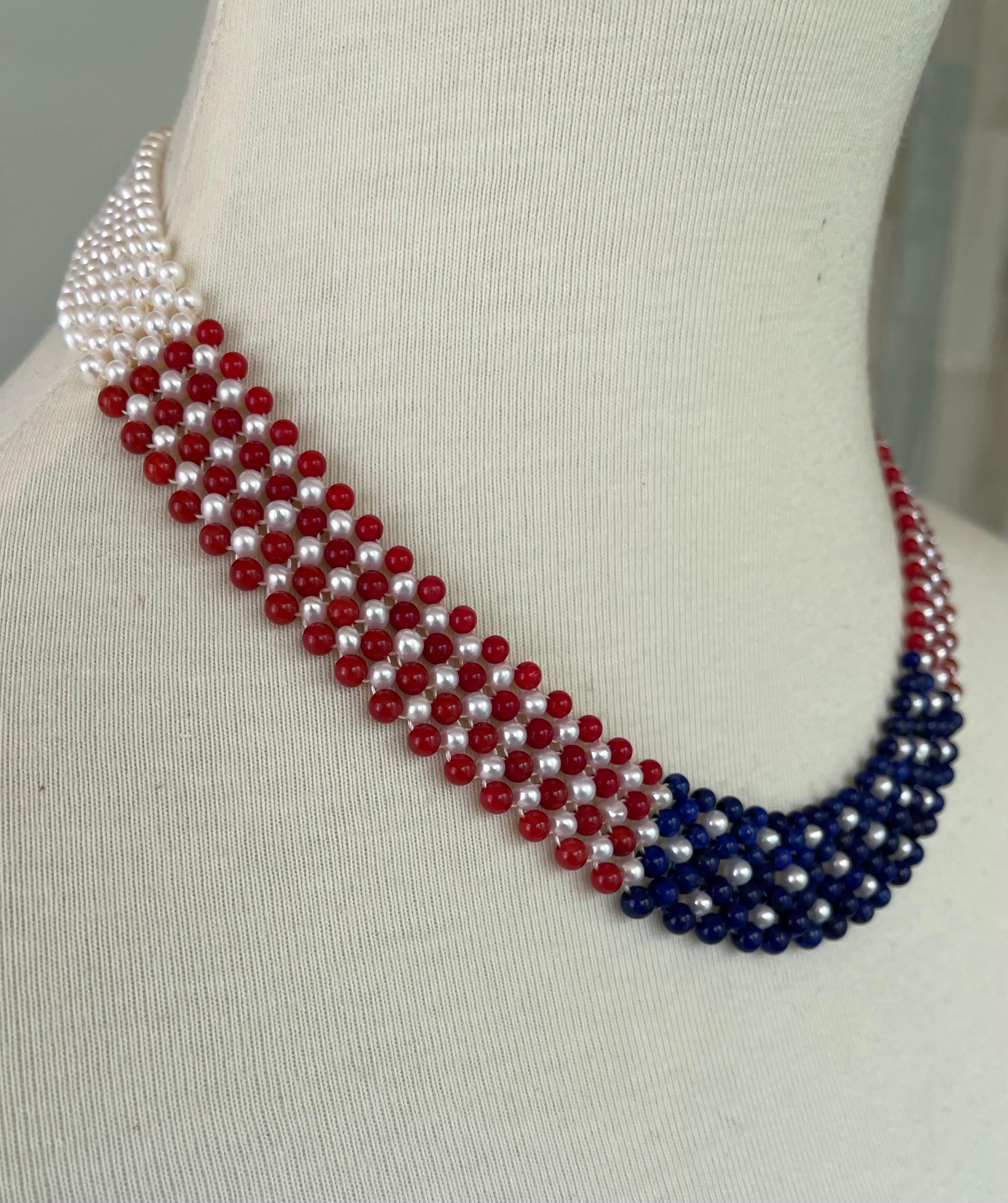 Marina J. American Flag Woven Pearl, Coral, & Lapis Necklace with 14K Yellow G. In New Condition For Sale In Los Angeles, CA