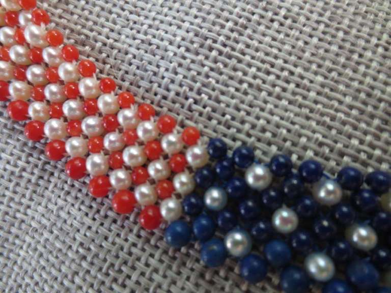 Marina J. American Flag Woven Pearl, Coral, & Lapis Necklace with 14K Yellow G. In New Condition In Los Angeles, CA