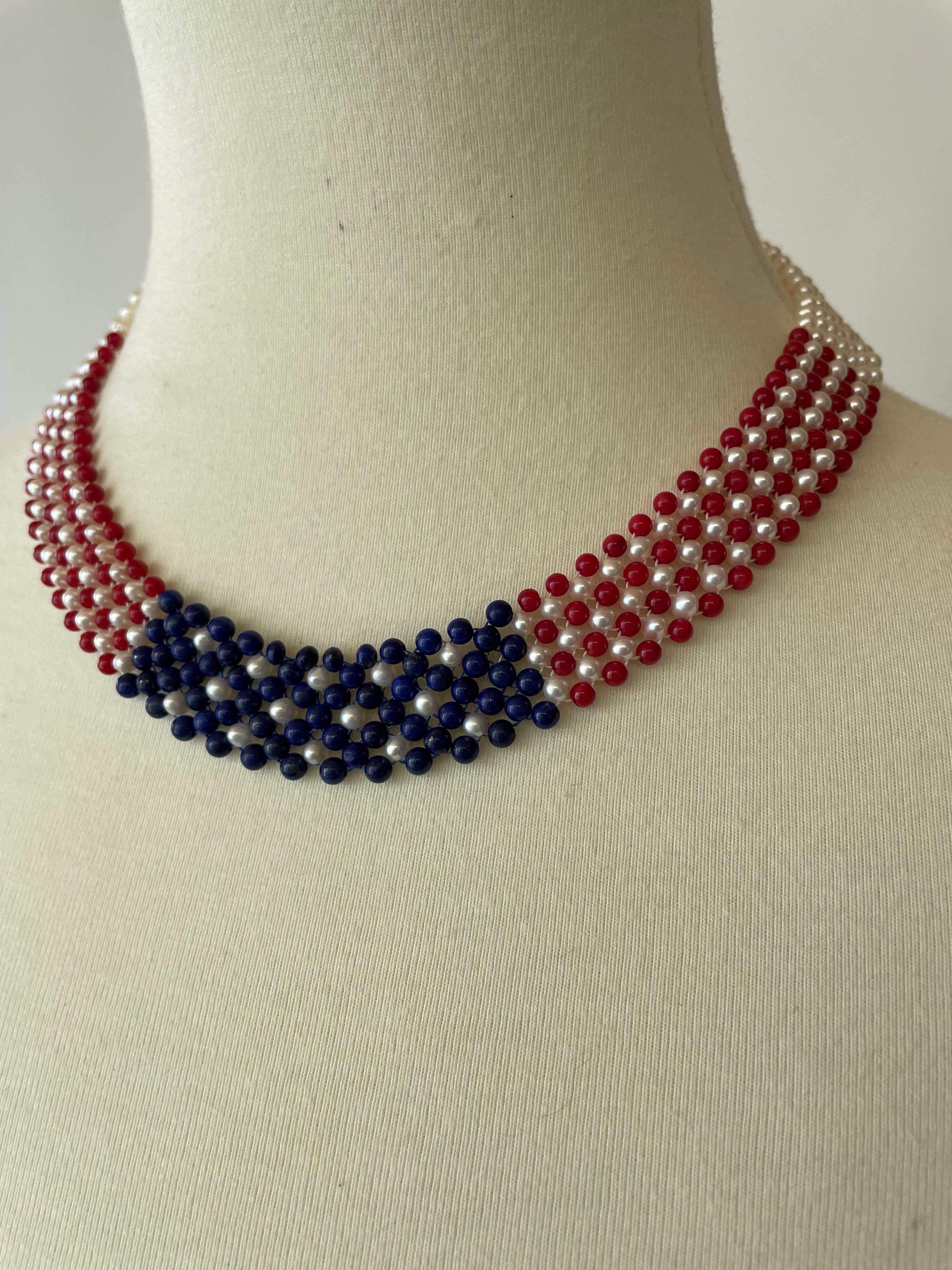 Marina J. American Flag Woven Pearl, Coral, & Lapis Necklace with 14K Yellow G. For Sale 1