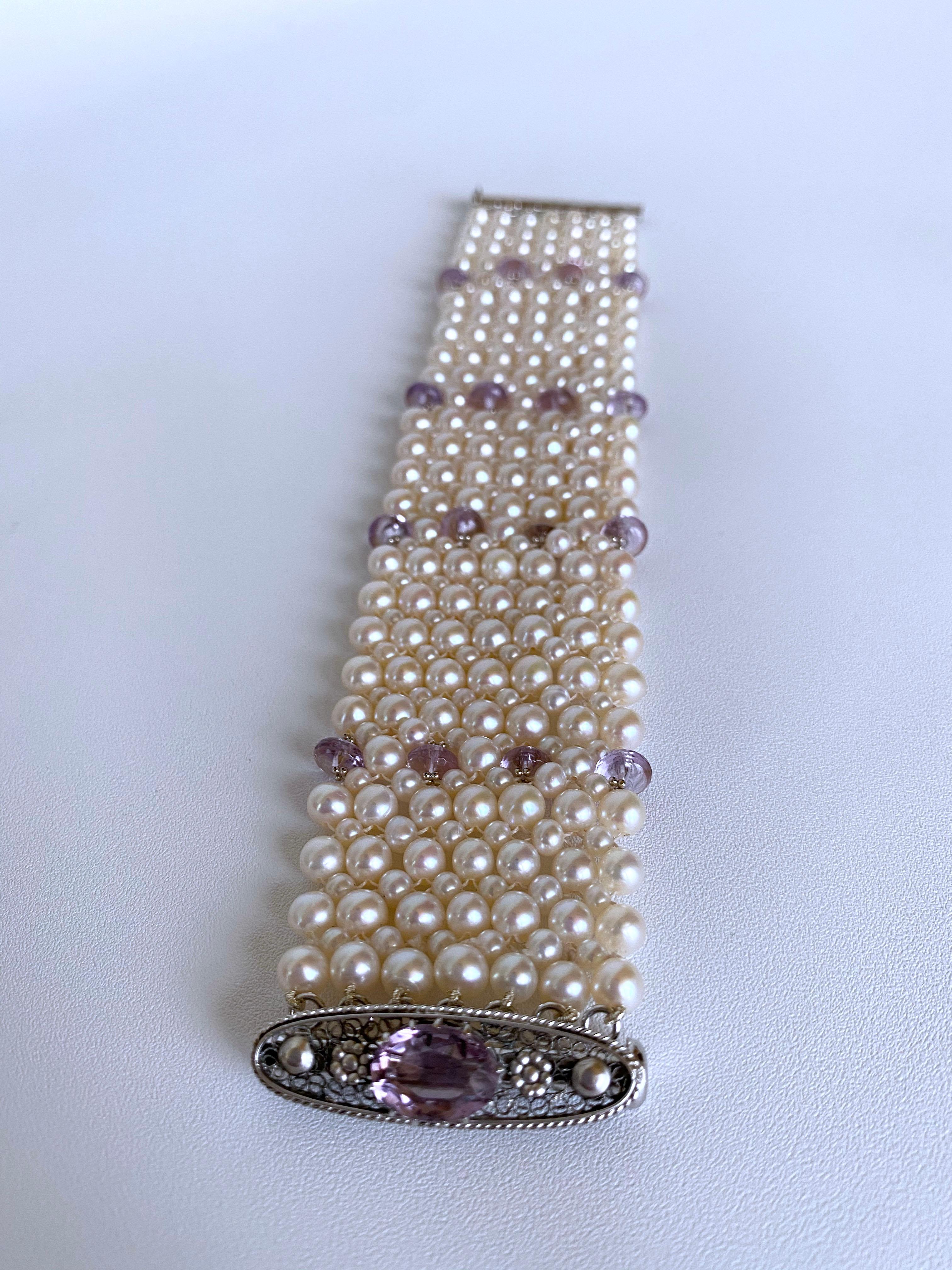 Artisan Marina J. Amethyst and Pearl Bracelet with Vintage Centerpiece Clasp and Rhodium For Sale