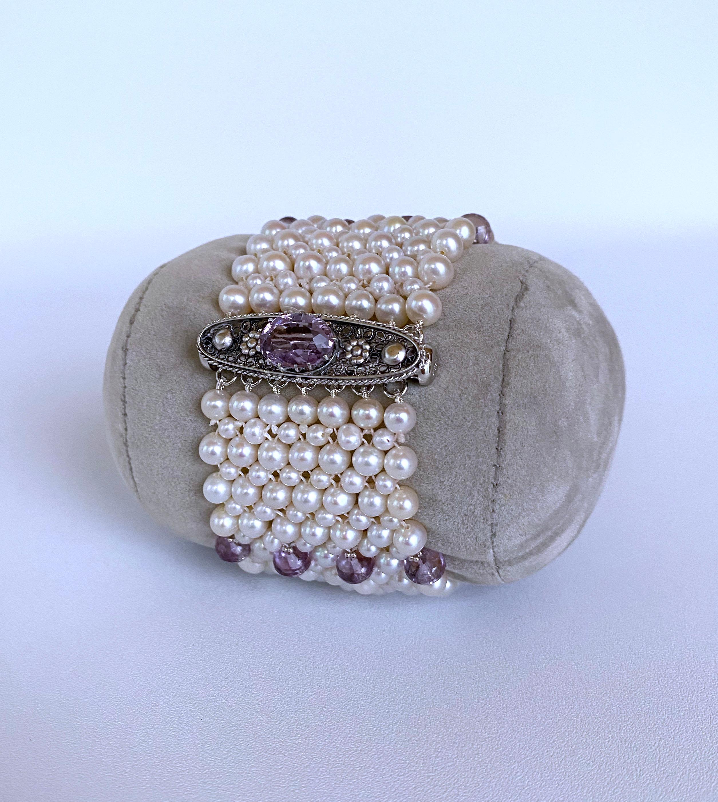 Bead Marina J. Amethyst and Pearl Bracelet with Vintage Centerpiece Clasp and Rhodium For Sale
